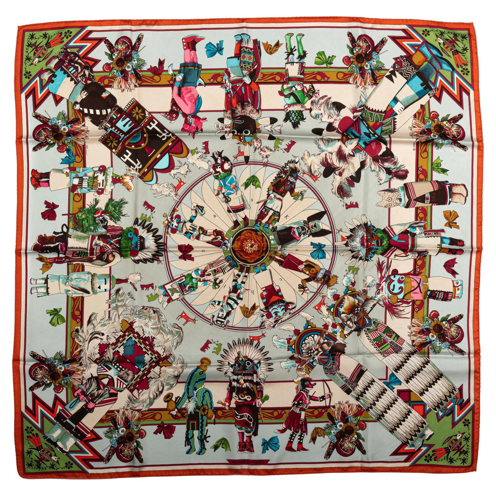 Hermes Kachinas Silk Scarf by Kermit Oliver Rare Celeste 35in: Hermes Kachinas Silk Scarf by Kermit Oliver Rare Celeste 35in Elevate your accessories collection with this rare Hermes Celeste Kachinas Silk Scarf. Designed by Kermit Oliver, this luxurious scarf fea