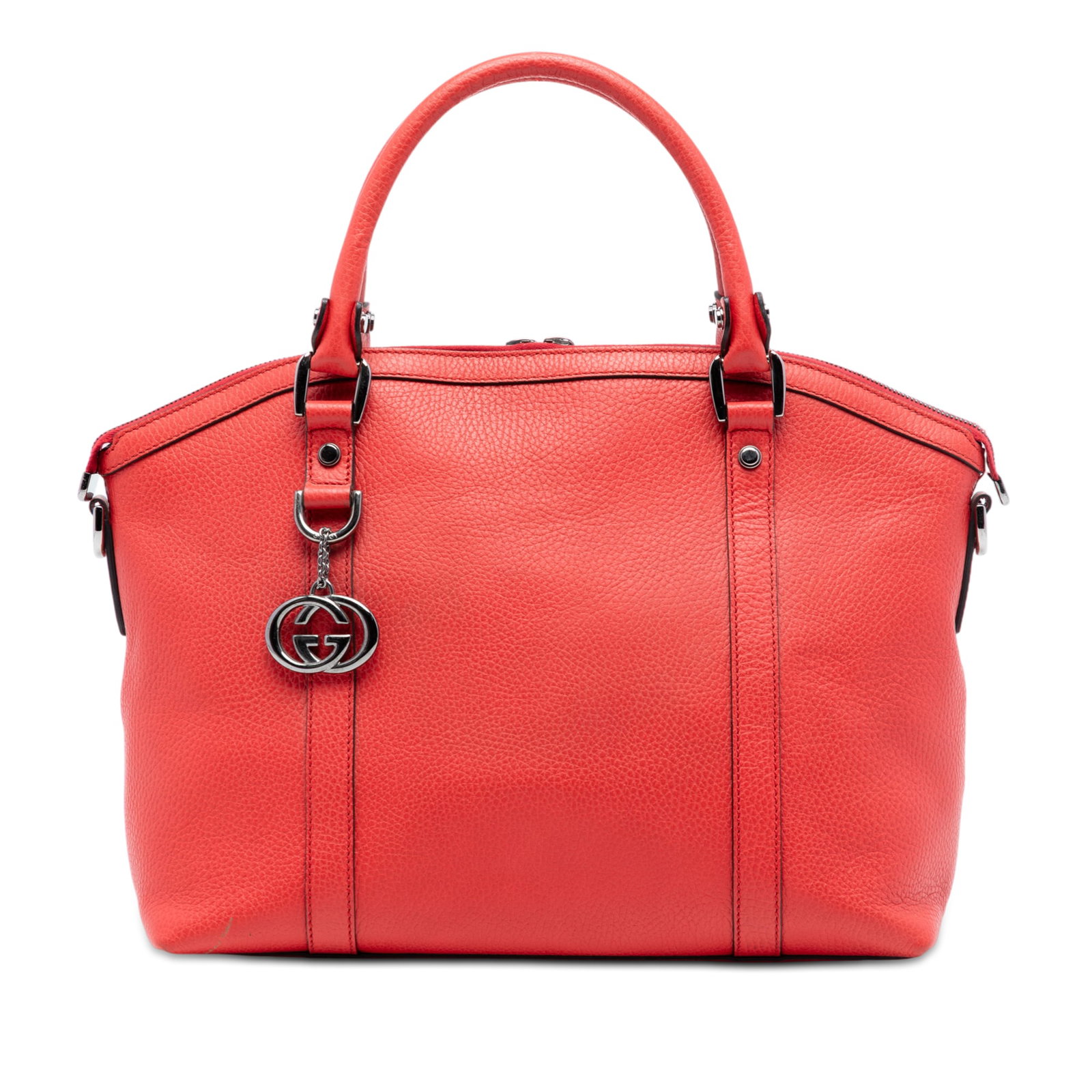 Gucci Red Leather Dome Satchel with GG Charm: Gucci Red Leather Dome Satchel with GG Charm This Gucci Leather GG Charm Dome Satchel features a red leather body with rolled leather handles and a detachable, adjustable flat leather shoulder strap. 