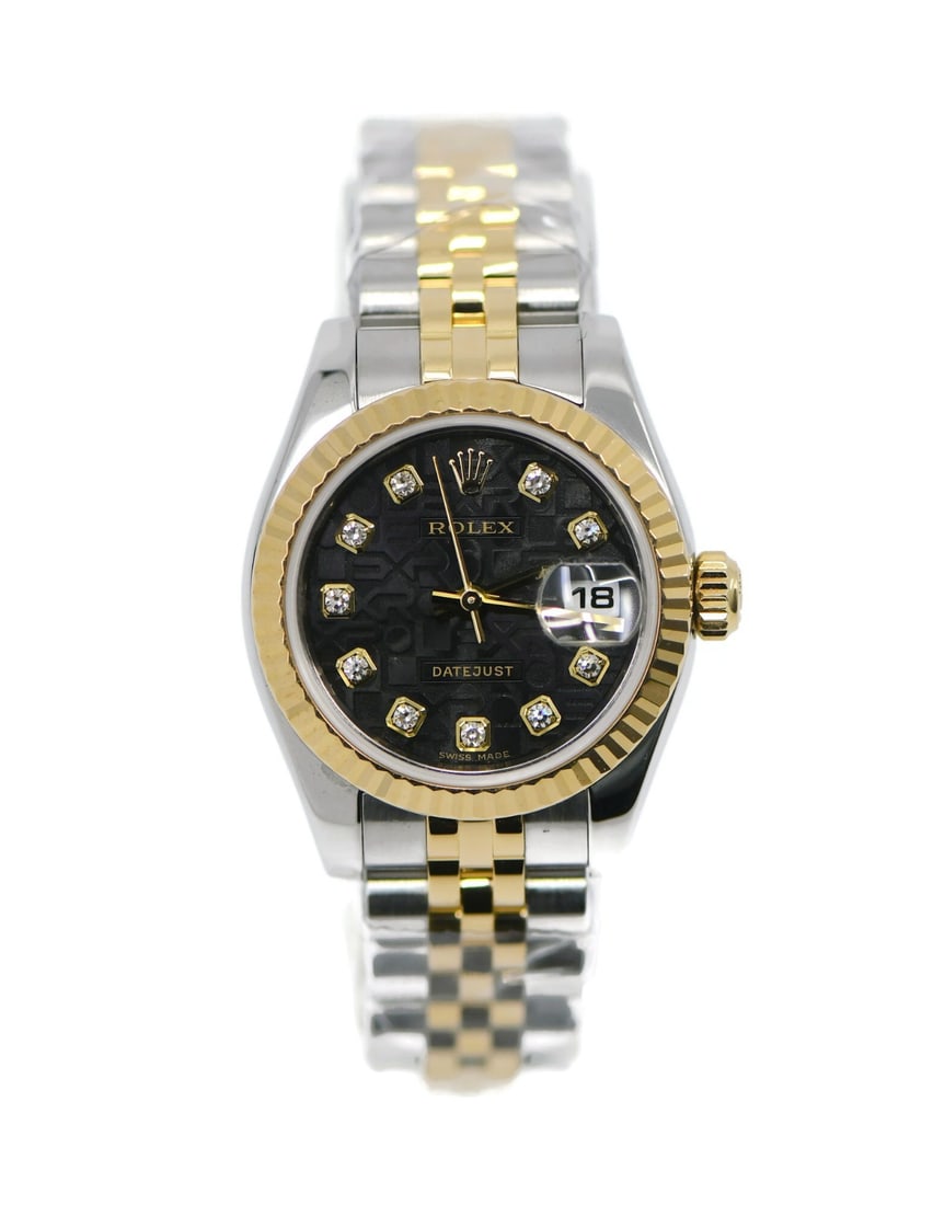 Rolex Datejust 179173 Black Dial 18K Gold Stainless Diamond Bezel Watch with Box: Rolex Datejust 179173 Black Dial 18K Gold Stainless Diamond Bezel Watch with Box This Rolex Datejust wristwatch features a 26mm stainless steel case with an 18K gold and diamond bezel. The watch has a