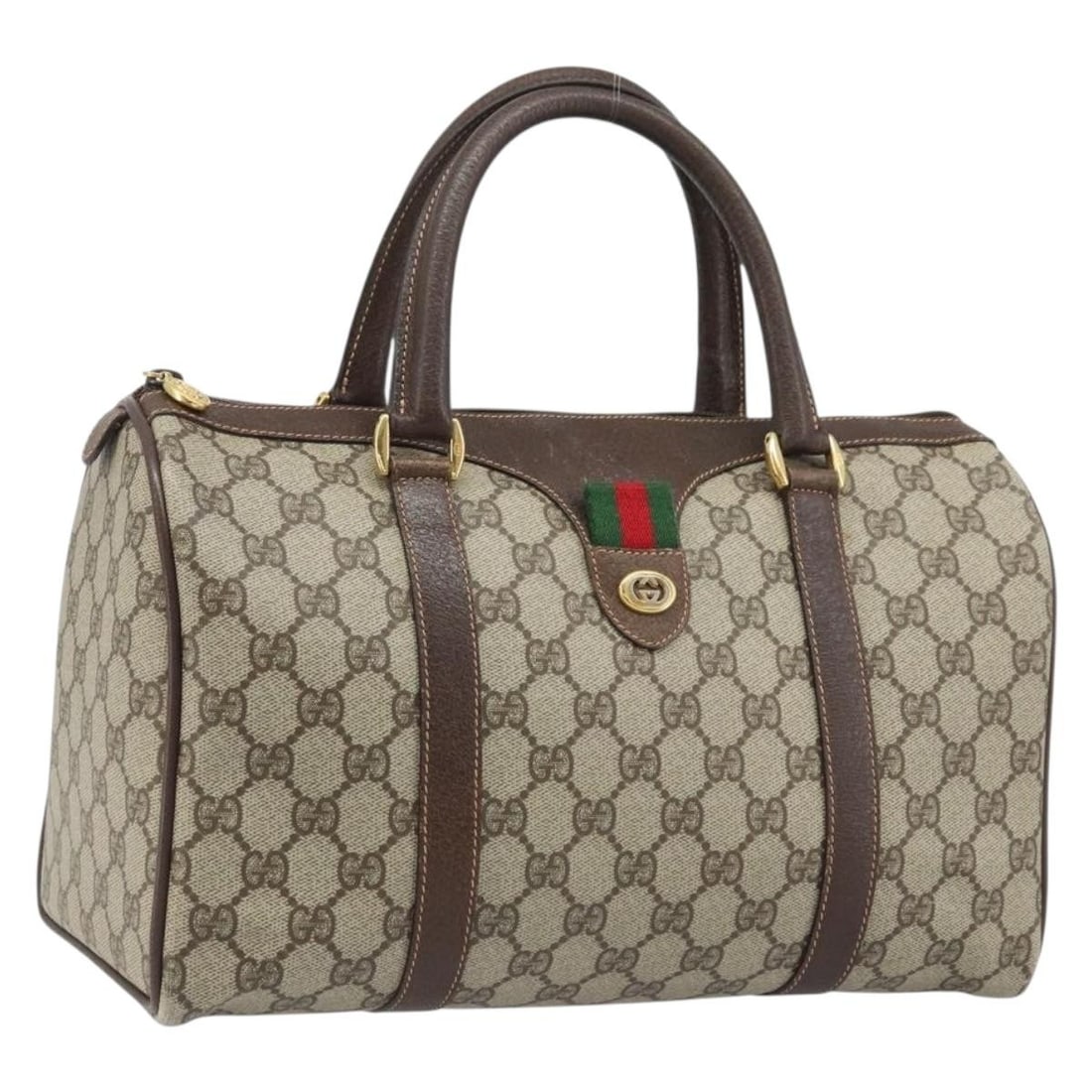 GUCCI 40 02 007 Boston Bag GG Supreme Sherry Web Beige Gold: GUCCI 40 02 007 Boston Bag GG Supreme Sherry Web Beige Gold Vintage Gucci GG Supreme Web Sherry Line Boston bag in beige and gold PVC leather with GG canvas. This women's handbag is made in Italy and 