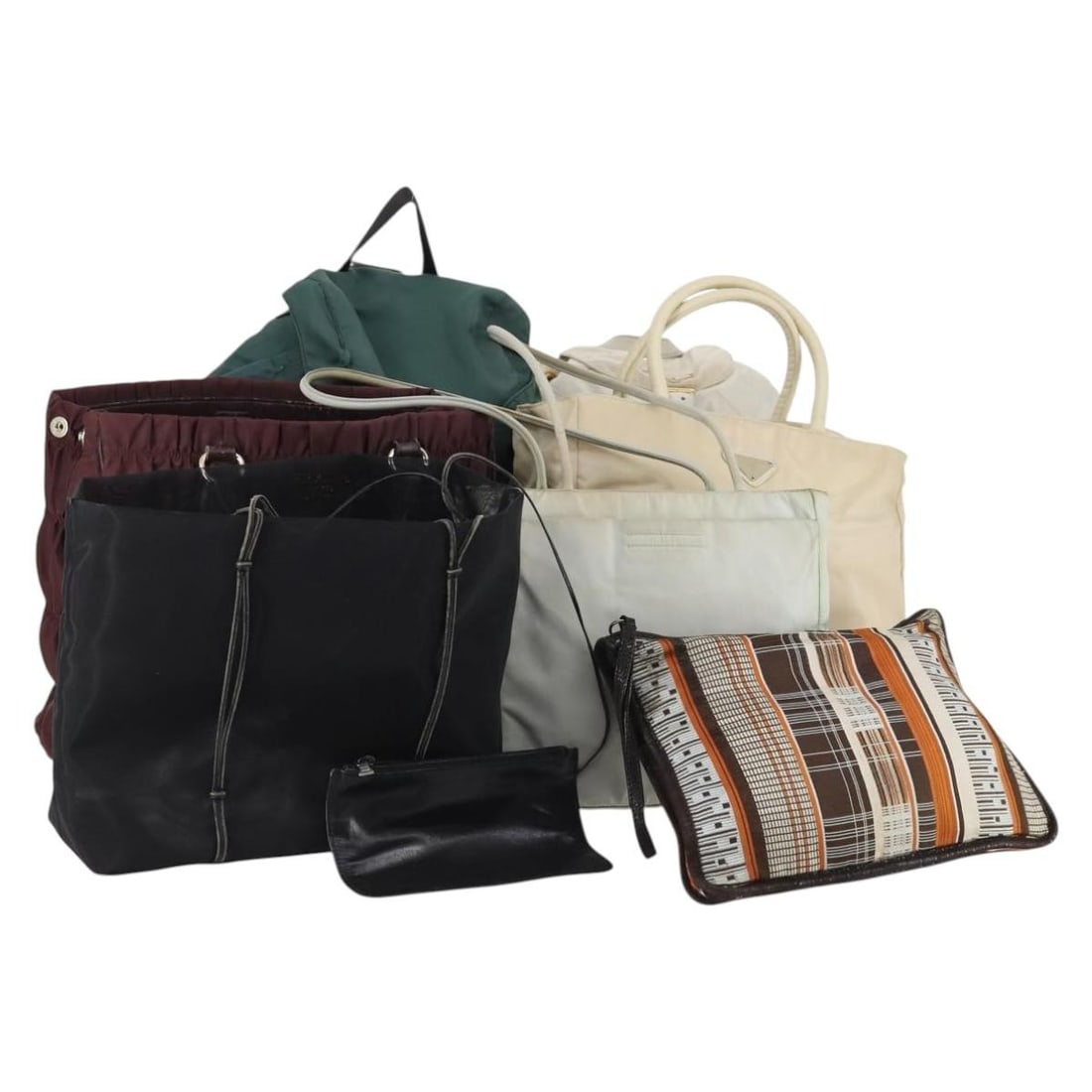 PRADA green beige black nylon tote with pouch and cards: PRADA green beige black nylon tote with pouch and cards This PRADA tote bag set features bags crafted from nylon in green, beige, and black tones. Designed for women, the set includes a tote bag, name