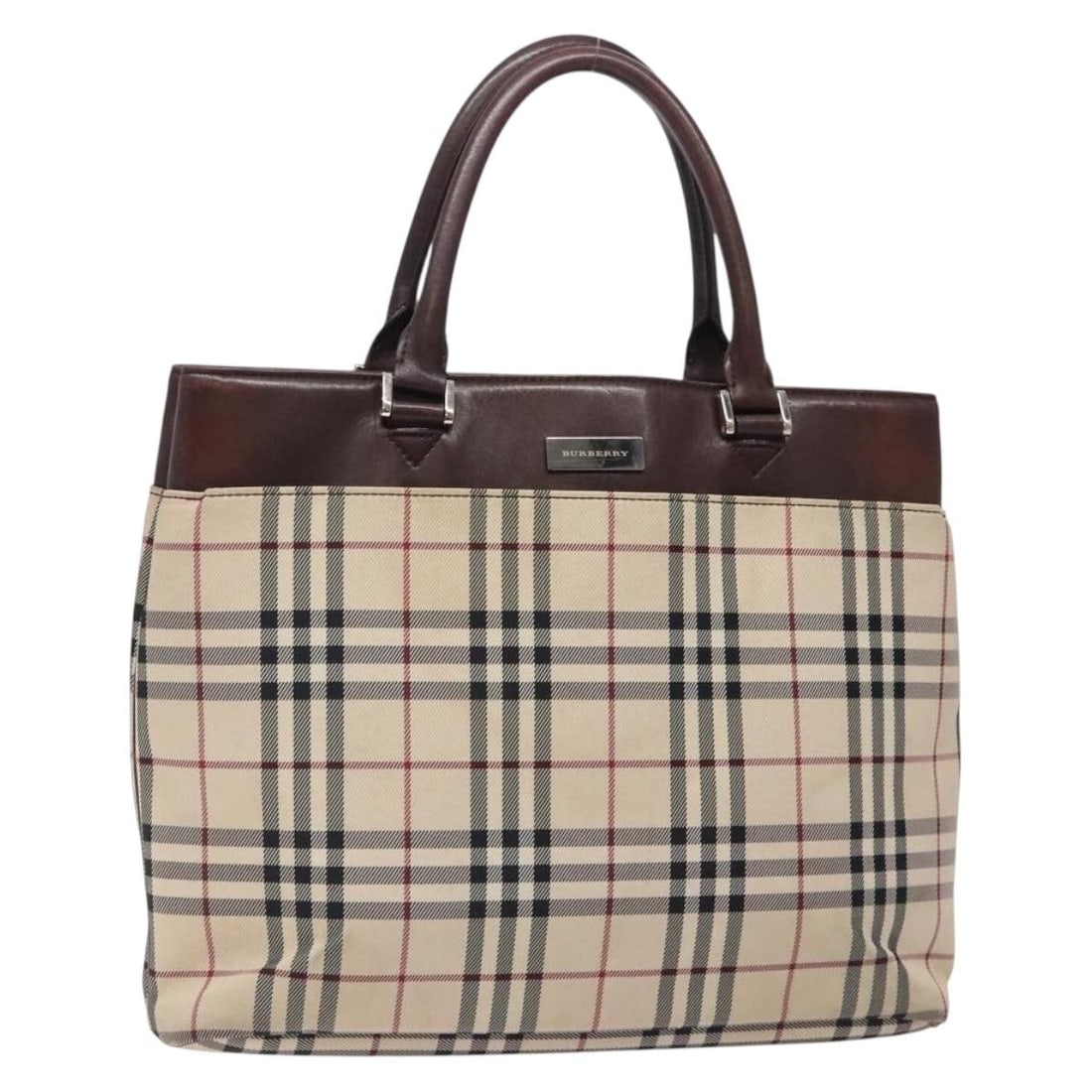 BURBERRY Nova Check Hand Bag Beige Silver Canvas Authentic: BURBERRY Nova Check Hand Bag Beige Silver Canvas Authentic Introducing the BURBERRY Nova Check Hand Bag, a stylish accessory crafted from durable canvas in a sophisticated beige and silver color schem