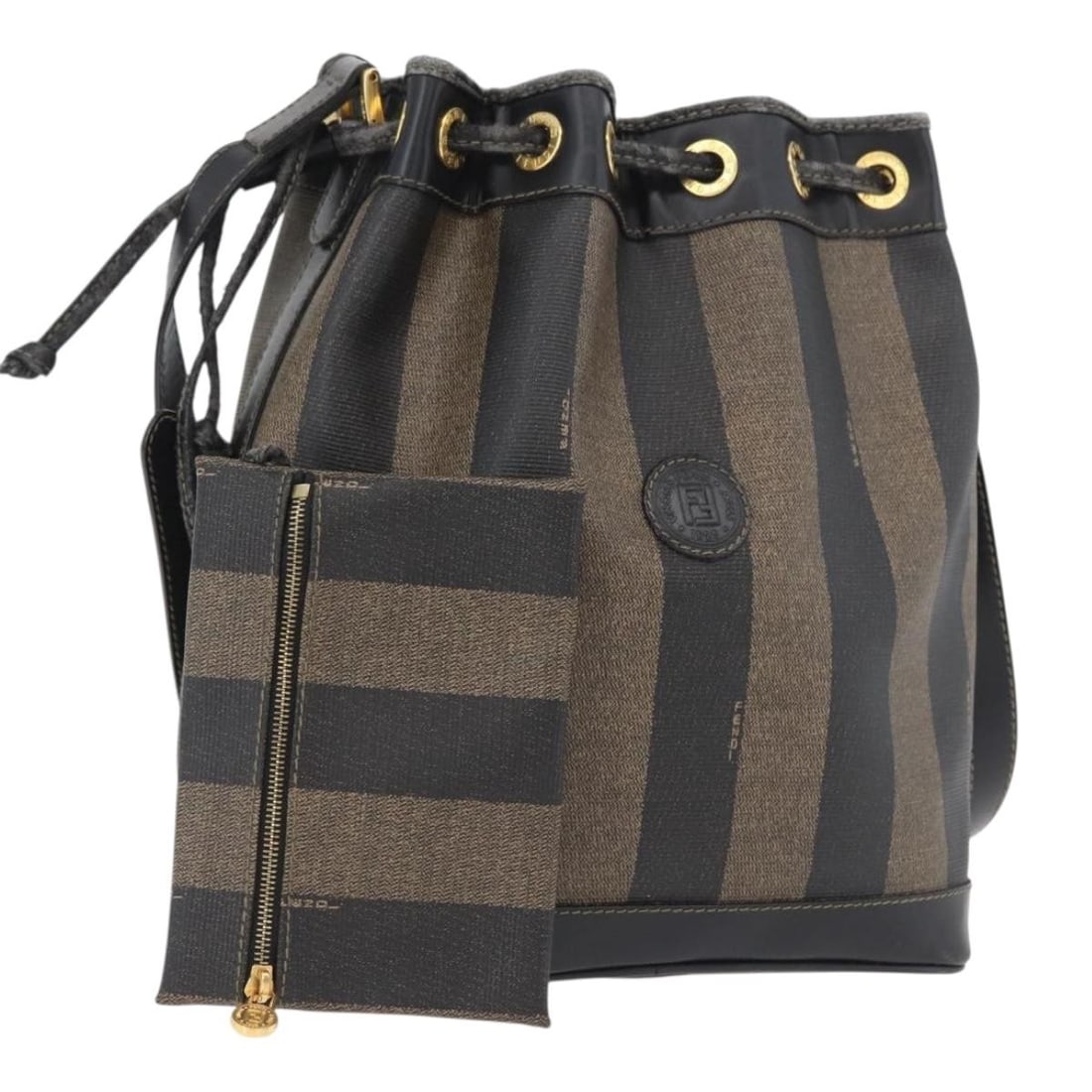 FENDI Pequin Canvas PVC Shoulder Bag Black Brown with Pouch: FENDI Pequin Canvas PVC Shoulder Bag Black Brown with Pouch This FENDI shoulder bag features a stylish combination of black and brown Pequin canvas with PVC leather accents. Designed for women, it off