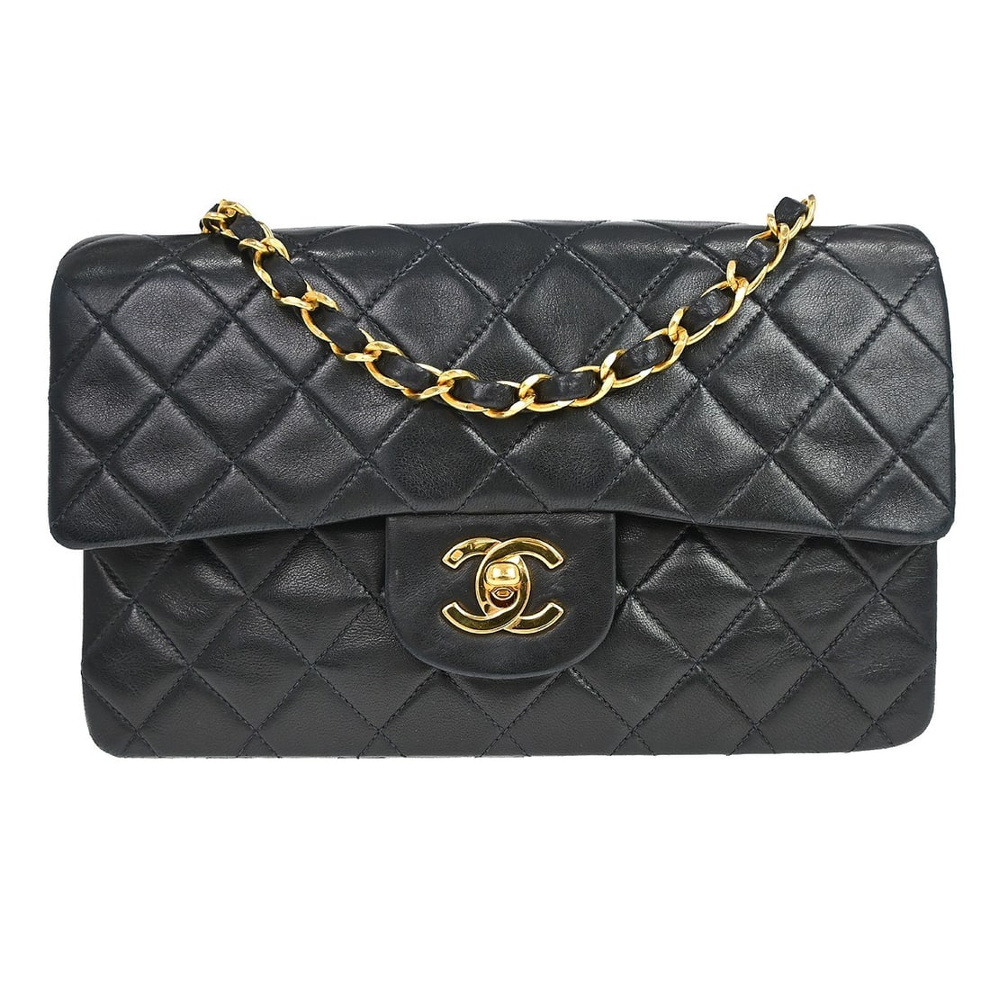 CHANEL Classic Double Flap Small Black Lambskin Shoulder Bag: CHANEL Classic Double Flap Small Black Lambskin Shoulder Bag Chanel Small Classic Double Flap shoulder bag in black lambskin with matelasse quilting, a flap turnlock closure, and chain shoulder strap.