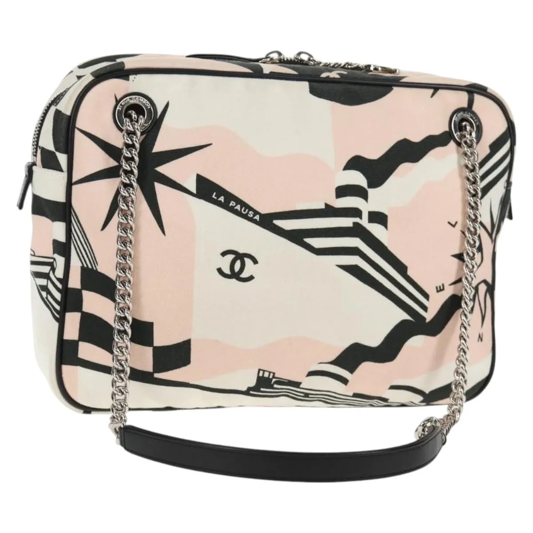 Chanel La Pausa Bay Pink Canvas Camera Case Bag 28cm by 21cm by 7cm: Chanel La Pausa Bay Pink Canvas Camera Case Bag 28cm by 21cm by 7cm This Chanel La Pausa Bay Camera Case Bag is crafted from pink printed canvas and designed for female use. The shoulder bag features 