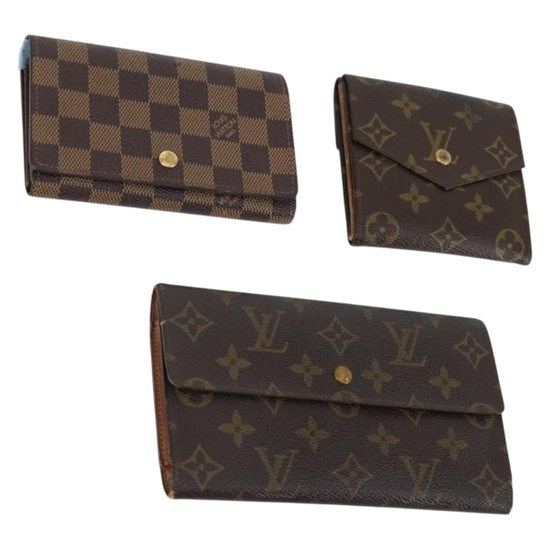 Set of 3 Louis Vuitton wallets in Monogram canvas France: Set of 3 Louis Vuitton wallets in Monogram canvas France Set of 3 Louis Vuitton wallets in Monogram canvas, made in France. This pre-owned set shows heavy overall wear, including shape loss, rubbing, 