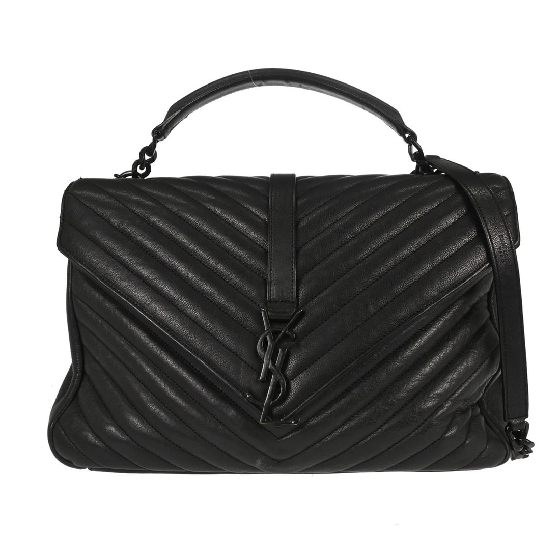 Saint Laurent College Mini Black Leather Shoulder Bag Chevron: Saint Laurent College Mini Black Leather Shoulder Bag Chevron Vintage Saint Laurent College shoulder bag in black leather with a chevron pattern and logo accent. This mini bag features a leather cross