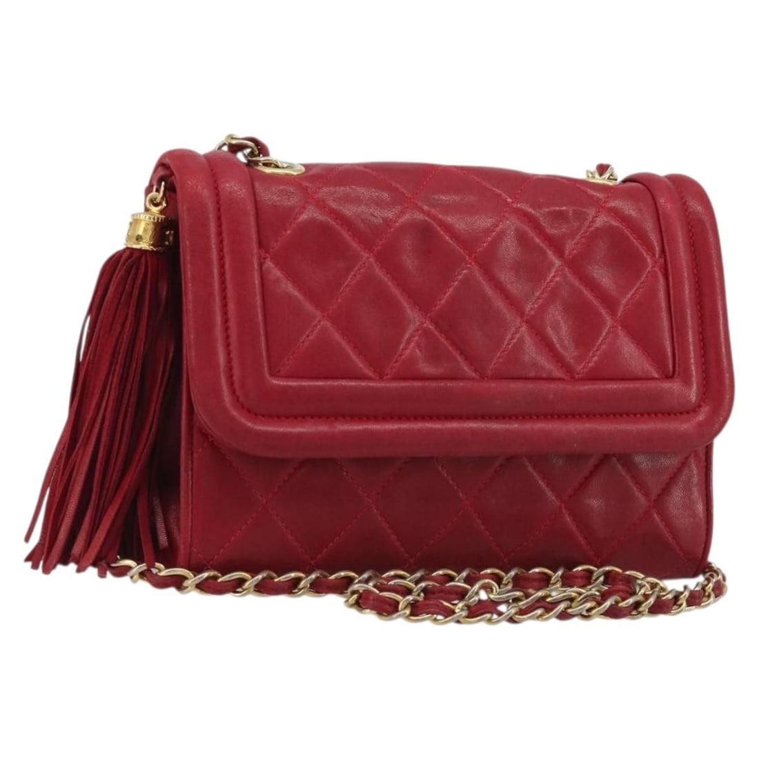 CHANEL CC Red Lamb Skin Flap Shoulder Bag Gold Chain: CHANEL CC Red Lamb Skin Flap Shoulder Bag Gold Chain CHANEL Matelasse chain shoulder bag in red lamb skin with gold-tone CC detailing. This women's shoulder bag is made in Italy and shows heavy use, i