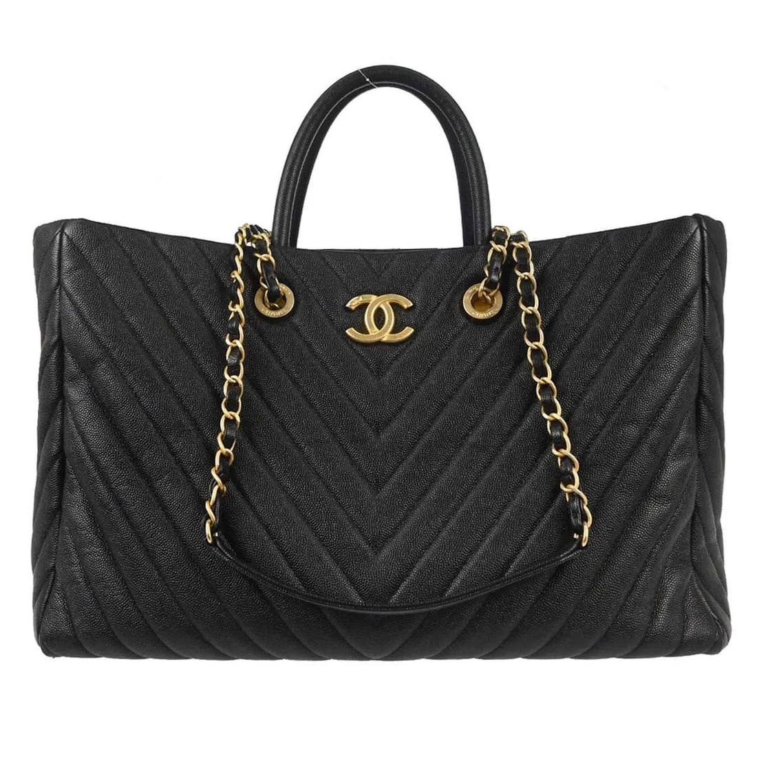 Chanel Shopping Tote Black Calfskin Chevron Quilted Bag (1 of 16)
