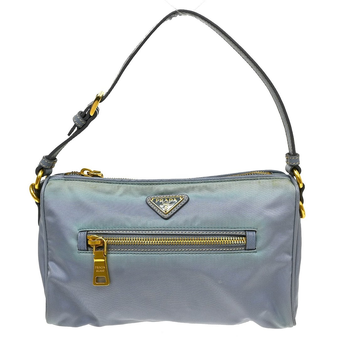 PRADA Nylon Mini Top Handle Bag in Blue: PRADA Nylon Mini Top Handle Bag in Blue Prada mini top handle handbag in light blue nylon with leather trim. Made in Italy, this women's bag features one exterior zipper pocket and one interior pocket