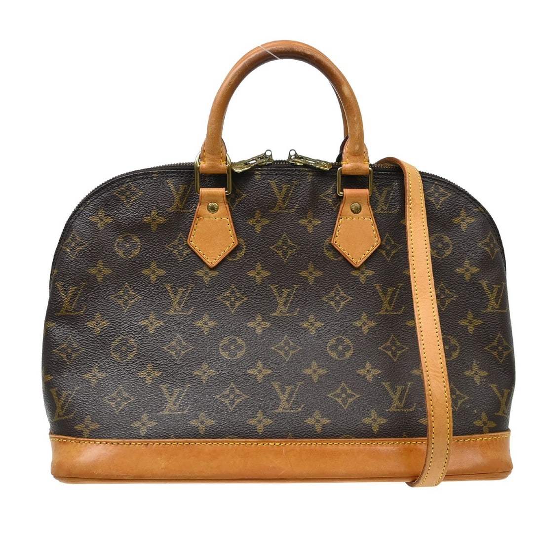 Louis Vuitton Alma M51130 Monogram Canvas Handbag France: Louis Vuitton Alma M51130 Monogram Canvas Handbag France Vintage Louis Vuitton Alma handbag in brown Monogram canvas with leather trim and double handles. This women's medium handbag features a zip cl