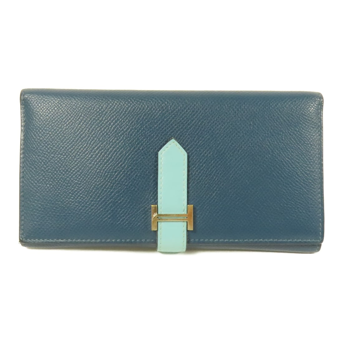 Hermes Bearn Blue Epsom Leather Tri Fold Wallet: Hermes Bearn Blue Epsom Leather Tri Fold Wallet Hermes Bearn tri-fold long wallet in blue calfskin. This women's wallet is made in France and shows reasonable wear and tear consistent with the stated 