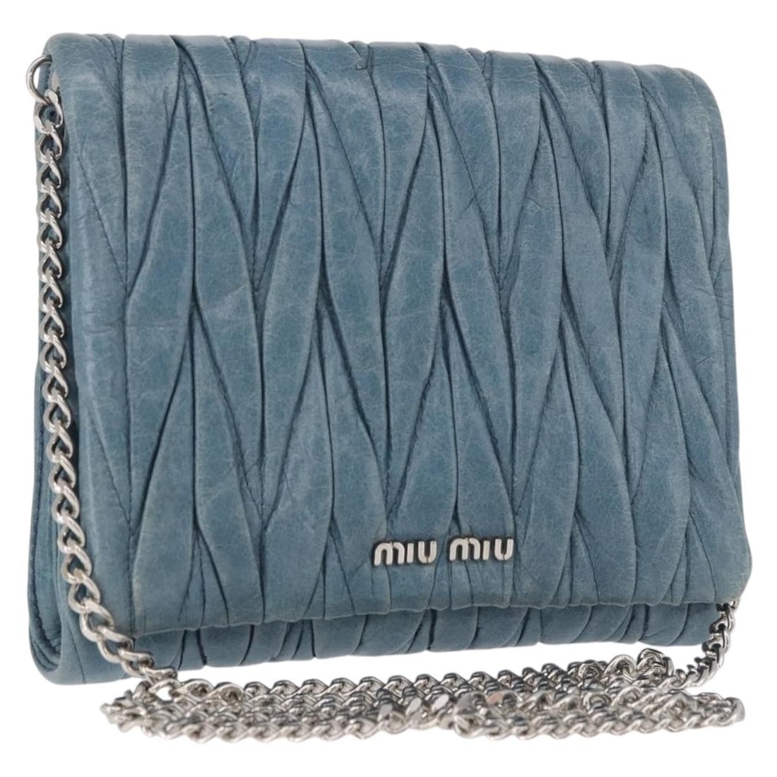Miu Miu Blue Leather Shoulder Bag with Chain Strap: Miu Miu Blue Leather Shoulder Bag with Chain Strap Miu Miu shoulder bag in blue leather with silver-tone detailing. Made in Italy, this women's bag includes a dust bag. Condition is heavily used, with