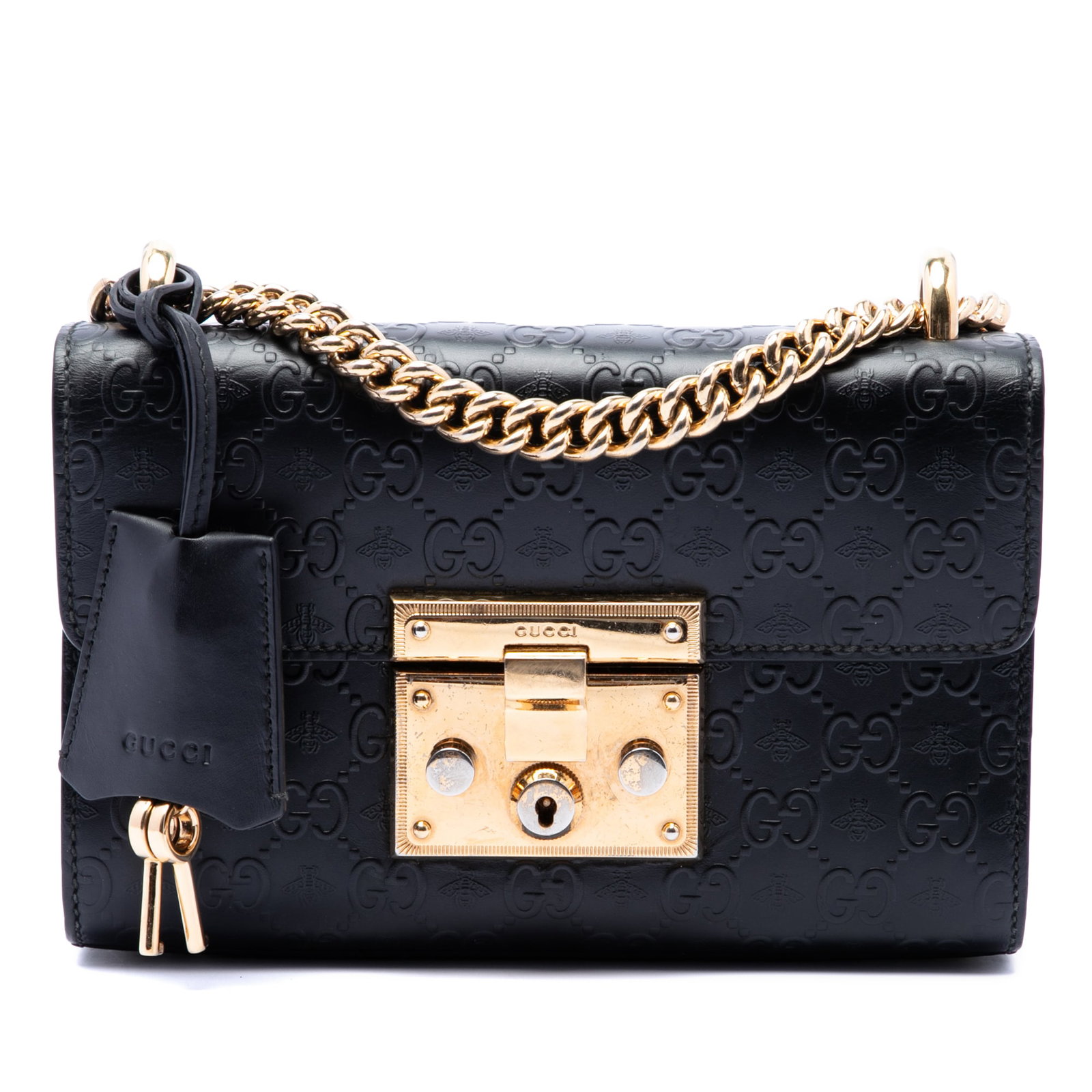 Gucci Padlock Small Guccissima Leather Crossbody Bag Black: Gucci Padlock Small Guccissima Leather Crossbody Bag Black Small Guccissima Padlock Crossbody bag in black embossed leather with a chain link shoulder strap and front flap push-lock closure. The bag i