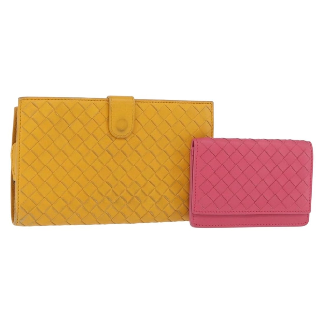 Bottega Veneta Intrecciato Leather Wallet Set Yellow Pink: Bottega Veneta Intrecciato Leather Wallet Set Yellow Pink This is a Bottega Veneta Intrecciato wallet set, featuring two leather wallets in yellow and pink. Both wallets are designed for women and cra