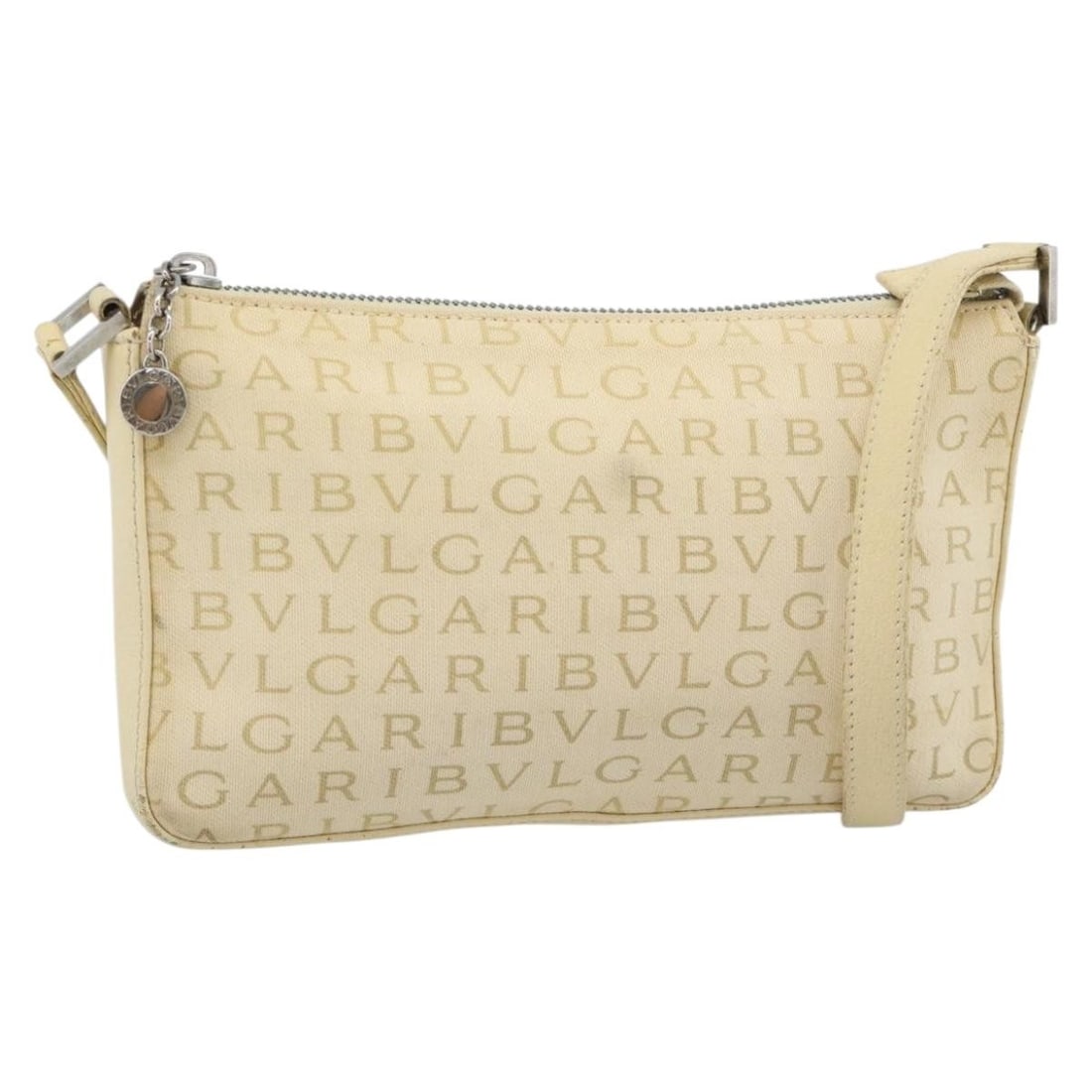 BVLGARI Logo Mania Canvas Shoulder Bag Beige Silver Italy: BVLGARI Logo Mania Canvas Shoulder Bag Beige Silver Italy Authentic BVLGARI Logo Mania shoulder bag in beige and silver canvas. This women's shoulder bag is made in Italy and features a compact profil