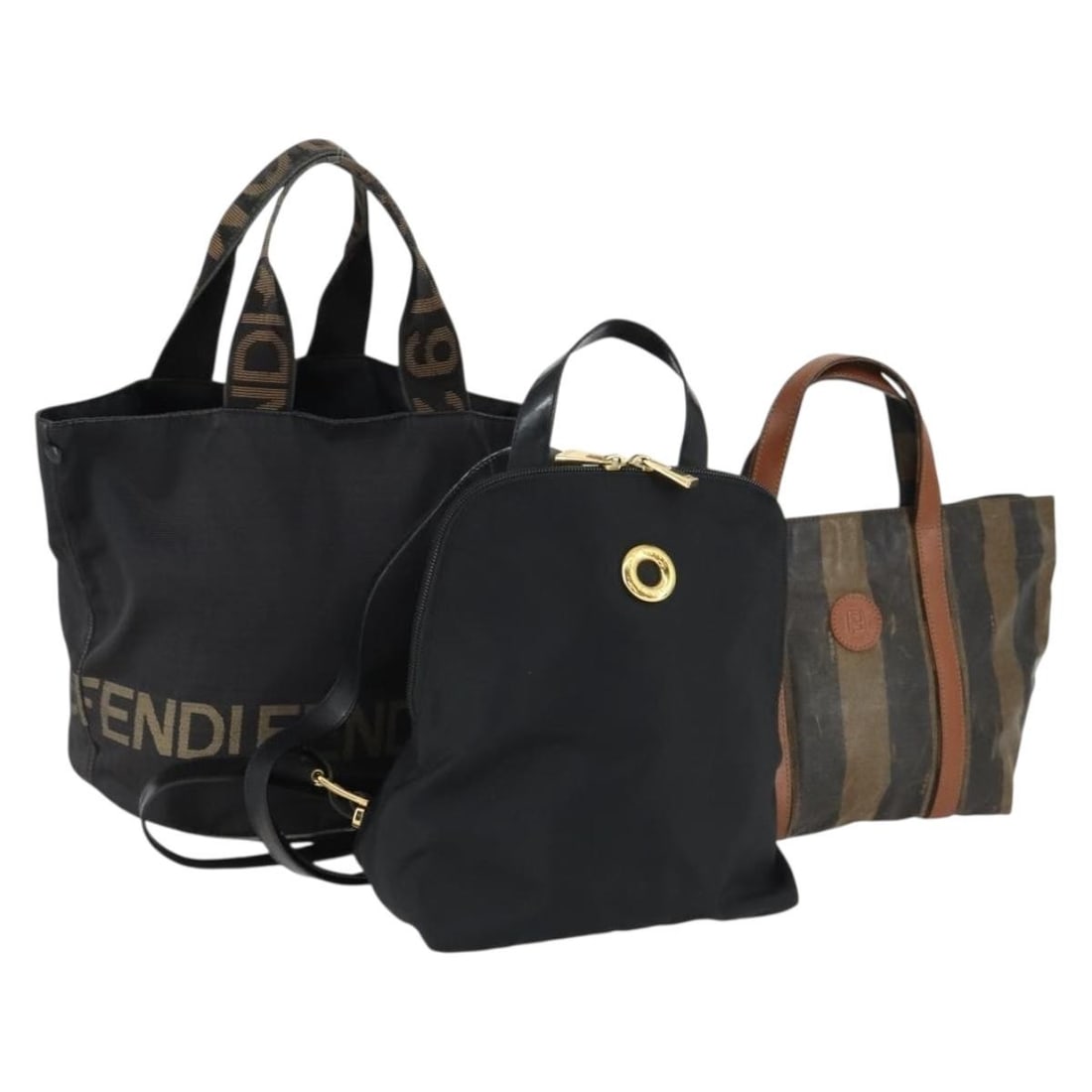 Three Piece Fendi Celine Nylon Handbag Set in Black and Brown: Three Piece Fendi Celine Nylon Handbag Set in Black and Brown This Fendi and Celine hand bag set includes three nylon bags in black and brown. Made in Italy, these bags feature exterior signs of heavy