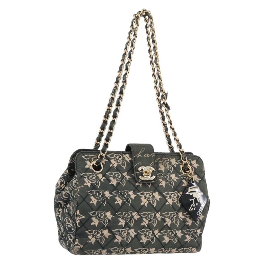 CHANEL Matelasse Nylon Shoulder Bag Green with Gold CC: CHANEL Matelasse Nylon Shoulder Bag Green with Gold CC CHANEL Matelasse chain shoulder bag in green nylon with gold-tone accents. This women's shoulder bag is made in France and includes a dust bag, g
