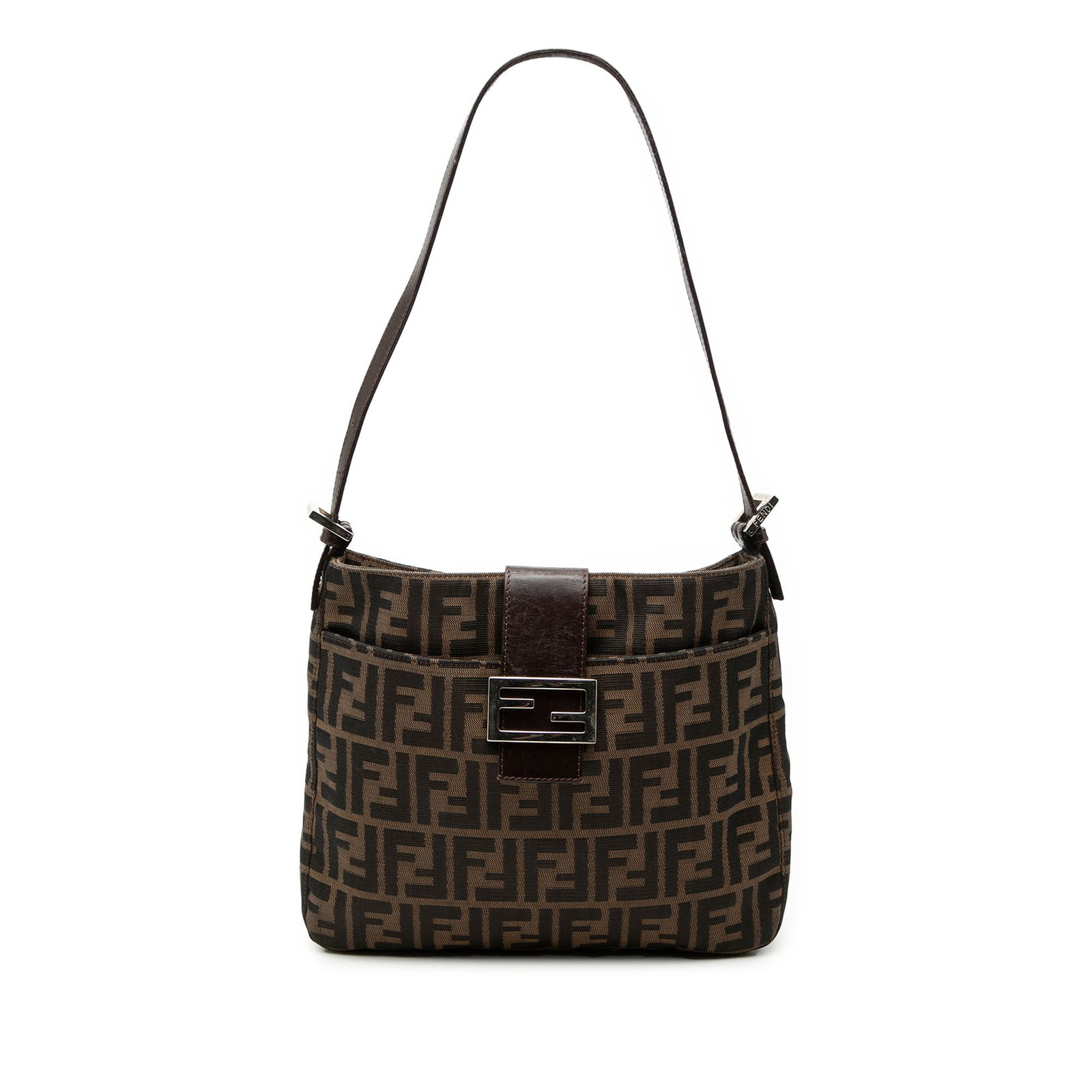 Fendi Zucca brown canvas shoulder bag: Fendi Zucca brown canvas shoulder bag This Fendi Zucca Canvas Shoulder Bag features a brown fabric body with the iconic Zucca pattern, a flat leather strap, and an open top secured by a strap and magn