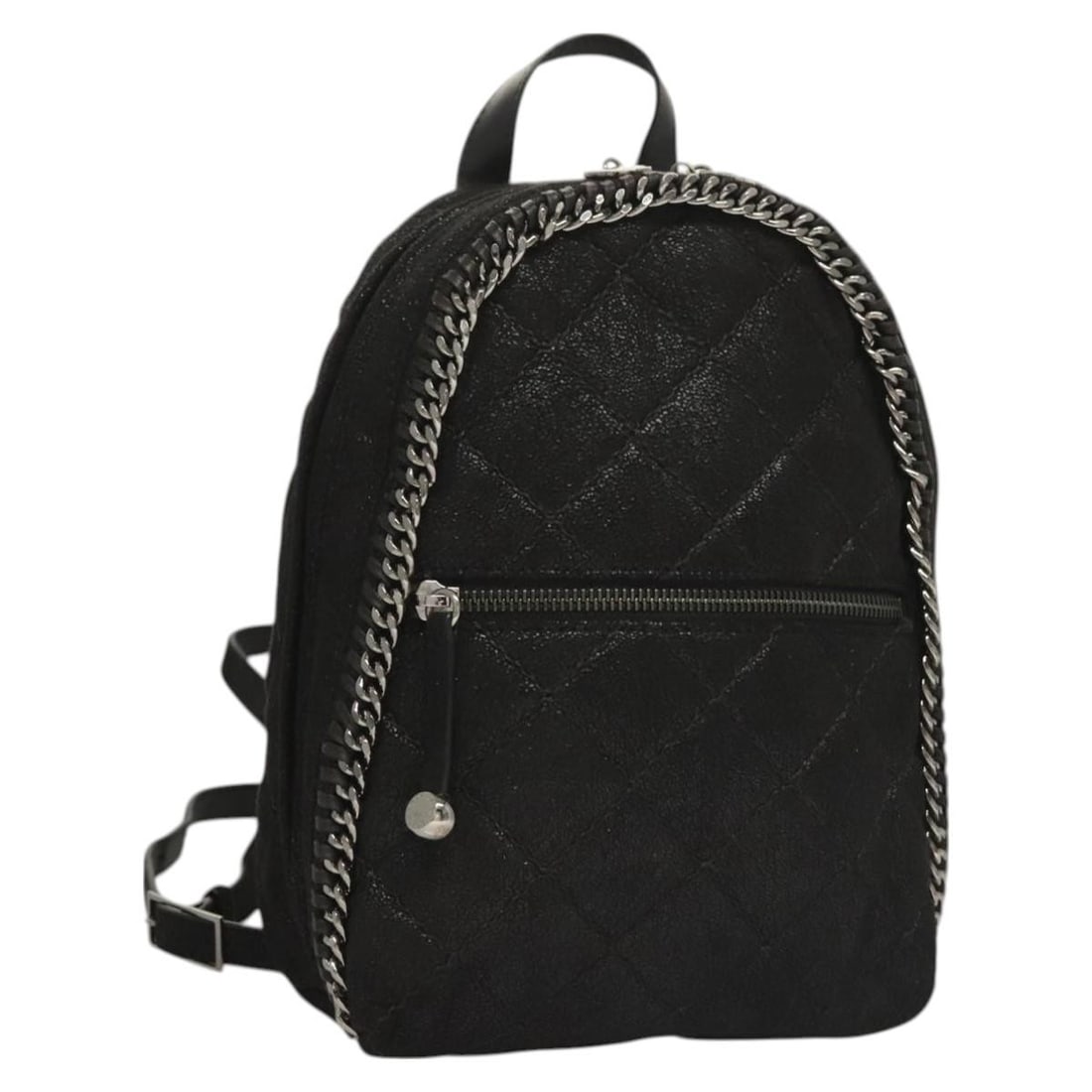 Stella McCartney Falabella Black Suede Backpack Silver Accents Auth 364517: Stella McCartney Falabella Black Suede Backpack Silver Accents Auth 364517 Elevate your style with the Stella MacCartney Falabella Chain Backpack, crafted from luxurious black suede and accented with 