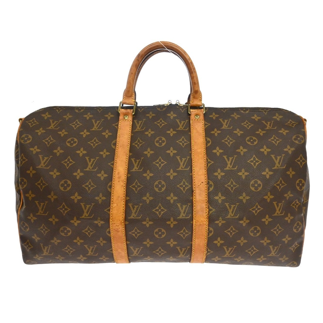 Louis Vuitton Keepall 50 Bandouliere Monogram Travel Bag M41416: Louis Vuitton Keepall 50 Bandouliere Monogram Travel Bag M41416 Vintage Louis Vuitton Keepall 50 Bandouliere travel handbag in brown Monogram canvas with leather trim and double handles. This unisex b