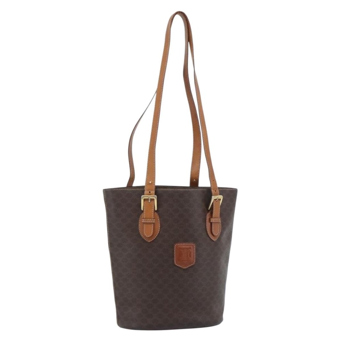 CELINE Macadam Canvas Brown Gold Tote Bag PVC Leather Italy: CELINE Macadam Canvas Brown Gold Tote Bag PVC Leather Italy This CELINE Macadam Canvas tote bag features a classic brown and gold color scheme and is crafted from PVC leather and Macadam canvas. Desig