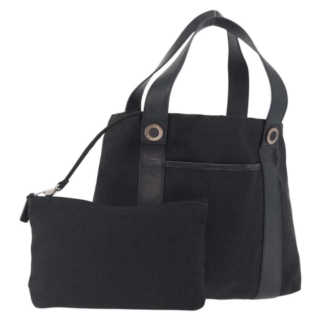 Canvas Logo Mania Tote by BVLGARI Black Silver with Pouch: Canvas Logo Mania Tote by BVLGARI Black Silver with Pouch This BVLGARI Logo Mania tote bag is crafted from black and silver canvas and features a spacious interior suitable for daily use. The bag incl