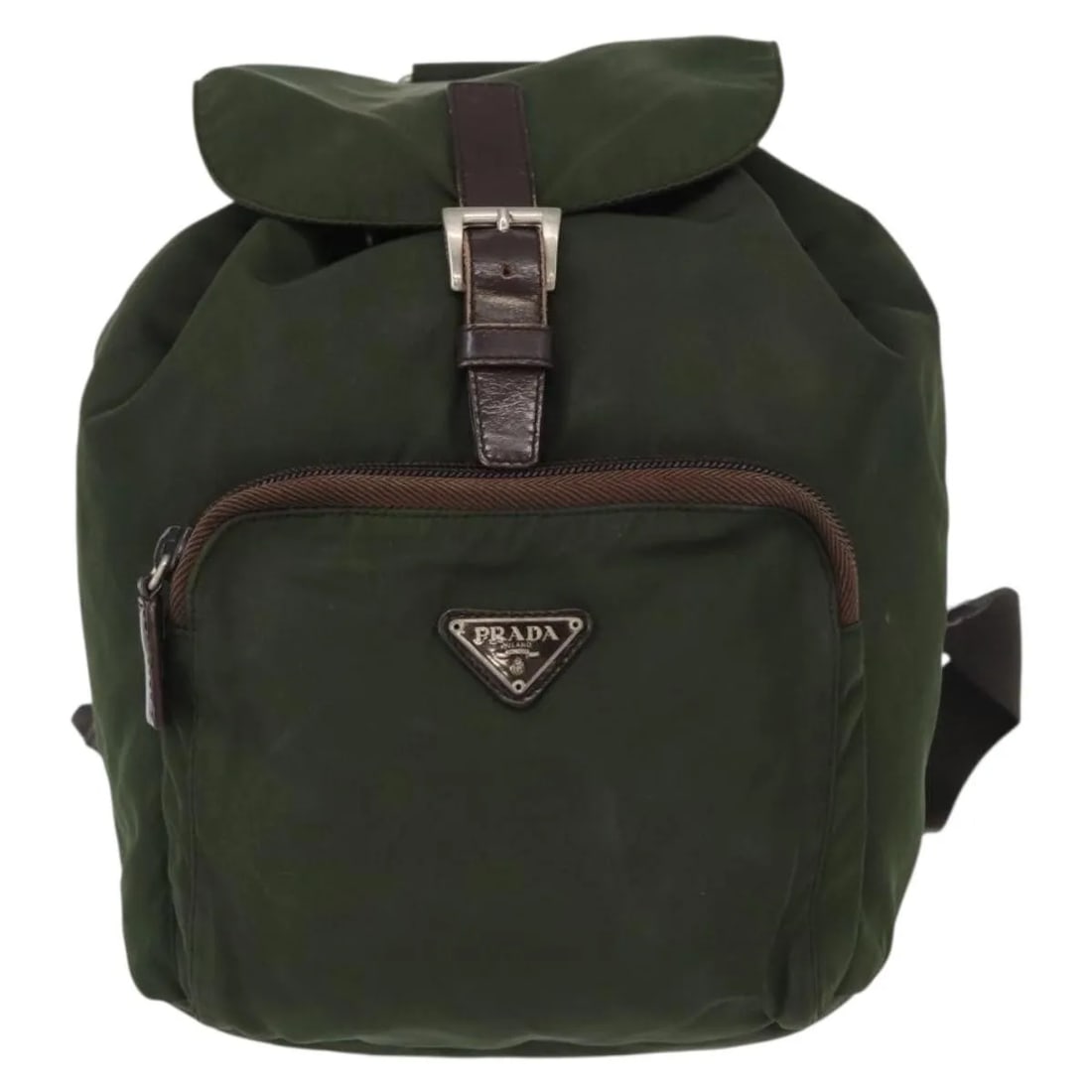 Prada Front Pocket Nylon Backpack Khaki Unisex Made in Italy: Prada Front Pocket Nylon Backpack Khaki Unisex Made in Italy This Prada Front Pocket Backpack is crafted from durable nylon in a khaki color, designed for unisex use. It features a compact size with d
