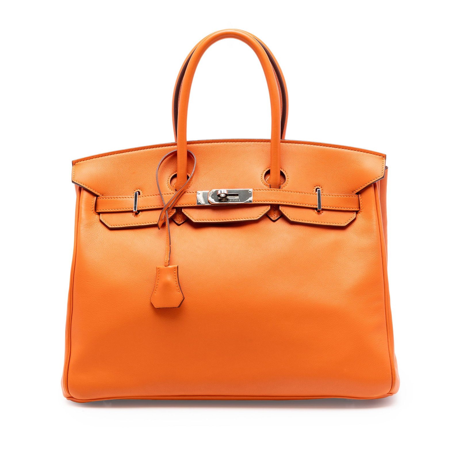 Hermes Birkin Retourne 35 Orange Swift Leather Handbag: Hermes Birkin Retourne 35 Orange Swift Leather Handbag Hermes Birkin Retourne 35 in orange Swift leather with rolled leather handles, a front flap with strap and turn lock closure, and an interior wit
