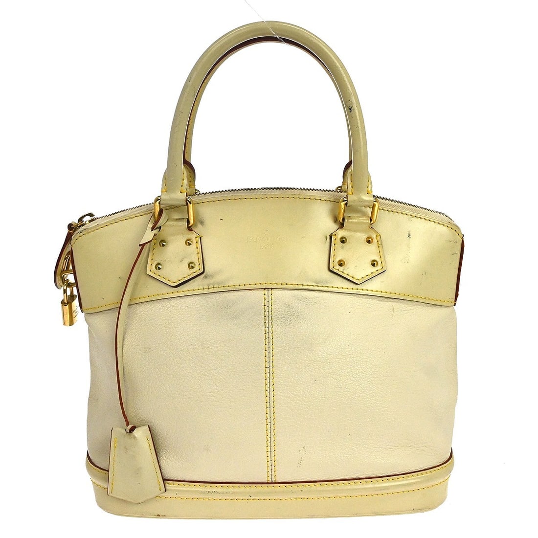 Louis Vuitton Lockit PM Ivory Suhali Leather Tote M91887: Louis Vuitton Lockit PM Ivory Suhali Leather Tote M91887 Vintage Louis Vuitton Lockit PM tote handbag in ivory Suhali leather with double handles and a zip closure. This medium tote features a gray ca