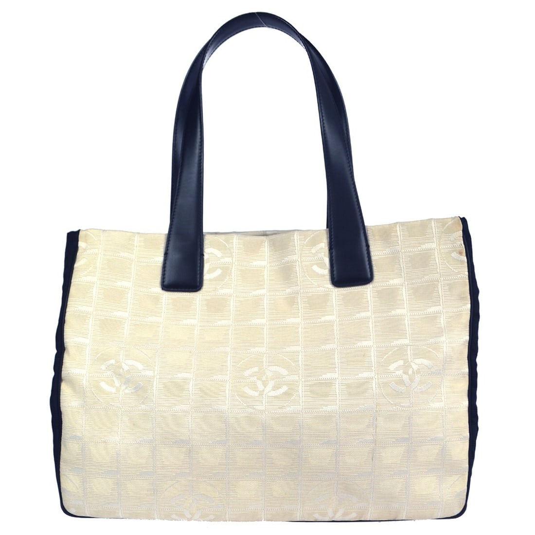 CHANEL Travel Line White Jacquard Nylon Tote Bag: CHANEL Travel Line White Jacquard Nylon Tote Bag Chanel Travel Line tote handbag in white and black jacquard nylon with leather trim. This medium tote is made in Italy and features a casual everyday d