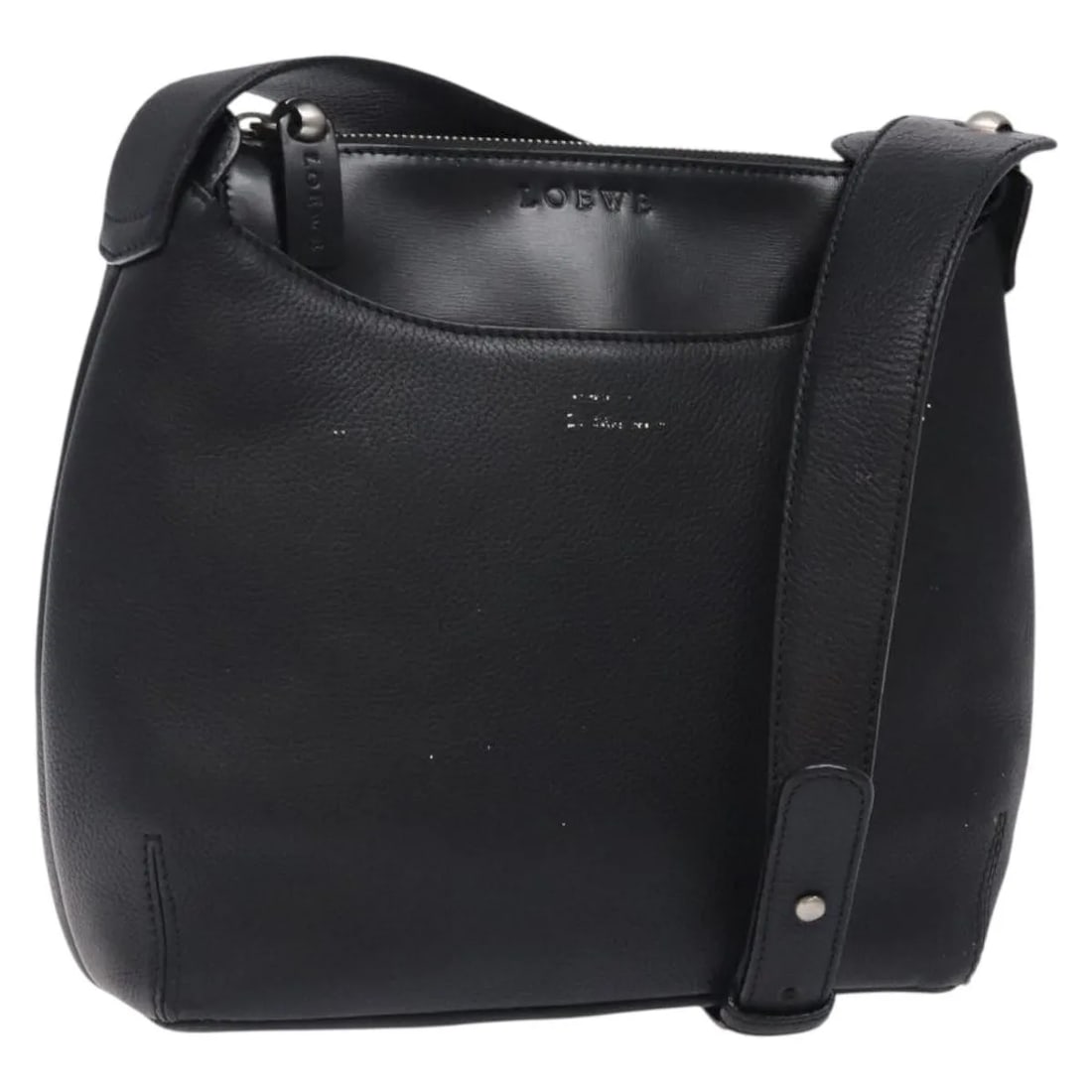 Loewe Vintage black leather shoulder bag 22cm x 22cm x 7cm: Loewe Vintage black leather shoulder bag 22cm x 22cm x 7cm This vintage Loewe shoulder bag for women features black leather construction with a compact design. It has a shoulder strap and metal fittin