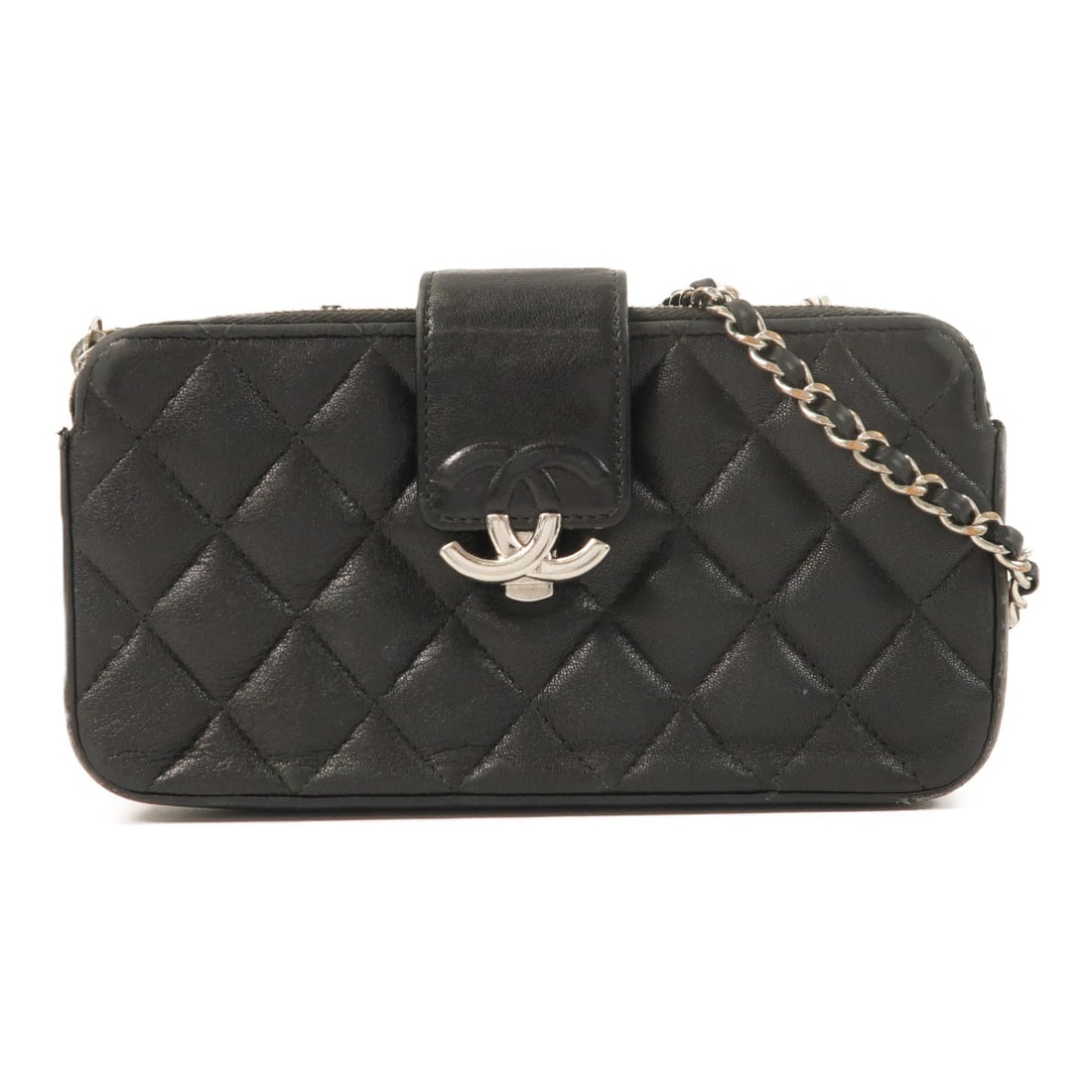 Chanel Black Lambskin Leather Shoulder Bag with Silver Chain CC Logo: Chanel Black Lambskin Leather Shoulder Bag with Silver Chain CC Logo This CHANEL shoulder bag is crafted from black lambskin leather and features a classic CC logo with silver-tone hardware. Designed 
