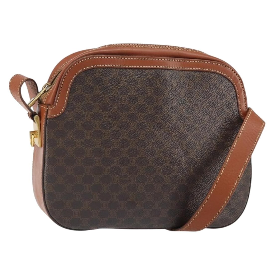 CELINE Brown Macadam Canvas PVC Leather Shoulder Bag Gold Accents Italy: CELINE Brown Macadam Canvas PVC Leather Shoulder Bag Gold Accents Italy This CELINE Macadam shoulder bag features a brown and gold PVC leather exterior with the iconic Macadam canvas pattern. The bag 
