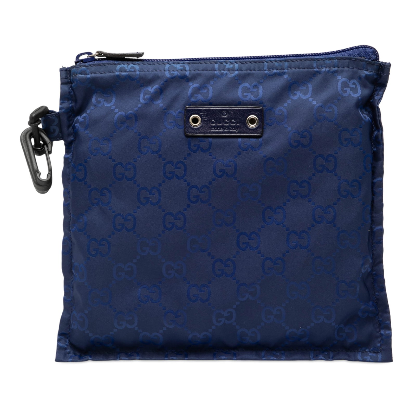 Blue Nylon Zippered Pouch by Gucci GG Model: Blue Nylon Zippered Pouch by Gucci GG Model This Gucci GG Nylon Pouch features a durable blue nylon exterior and a top zip closure. Made in Italy, it is designed as a small leather good (SLG) and offe