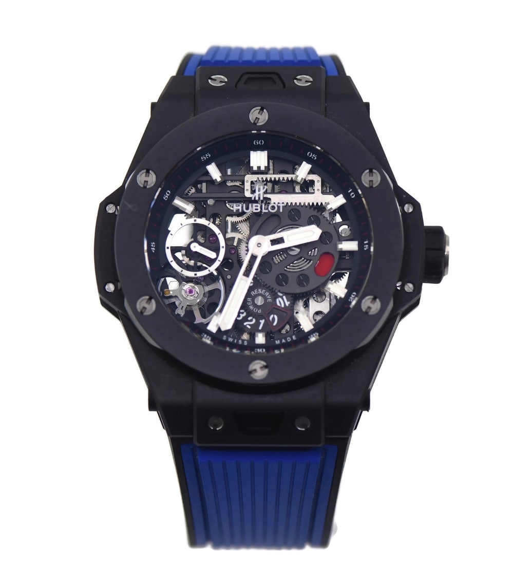 Hublot Big Bang Meca 10 Ceramic Watch 414.CI.1123.RX 45mm Blue Rubber Band: Hublot Big Bang Meca 10 Ceramic Watch 414.CI.1123.RX 45mm Blue Rubber Band This Hublot Big Bang Meca 10 Ceramic Watch combines a striking design with robust functionality. It features a 45 mm ceramic 