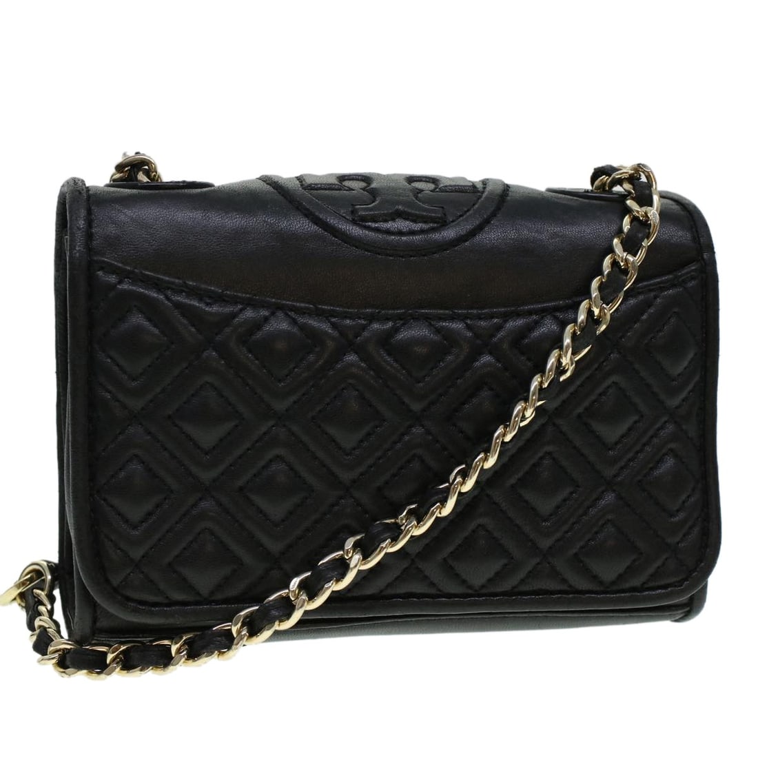 TORY BURCH Black Leather Shoulder Bag with Chain Strap: TORY BURCH Black Leather Shoulder Bag with Chain Strap Authentic Tory Burch chain shoulder bag in black leather. This women's shoulder bag includes a dust bag and shows reasonable wear from use and st