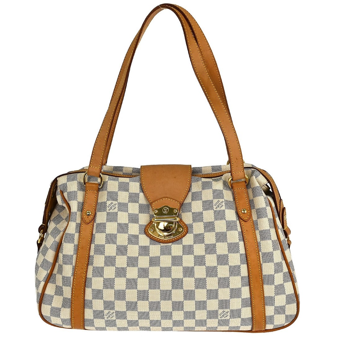 Louis Vuitton Stresa PM Damier Azur Shoulder Bag N42220: Louis Vuitton Stresa PM Damier Azur Shoulder Bag N42220 Vintage Louis Vuitton Stresa PM shoulder bag in Damier Azur canvas with leather trim and double handles. This zip-top bag features inner pockets
