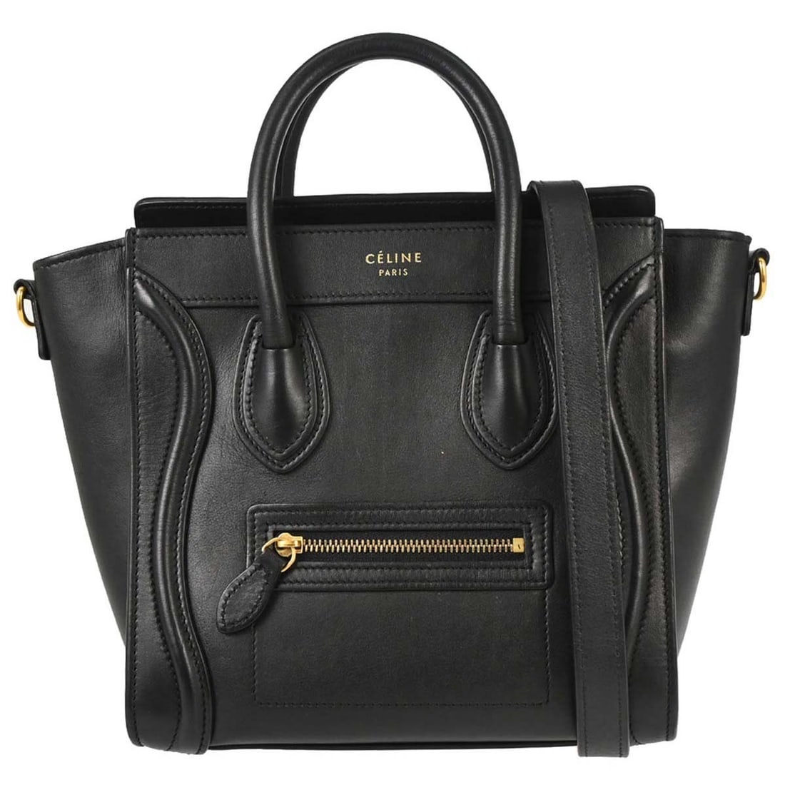 CELINE Nano Luggage Mini Black Leather Top Handle Bag with Strap: CELINE Nano Luggage Mini Black Leather Top Handle Bag with Strap Celine Nano Luggage 2way tote handbag in black leather with double handles, zip closure, and logo accent. This mini top handle bag incl