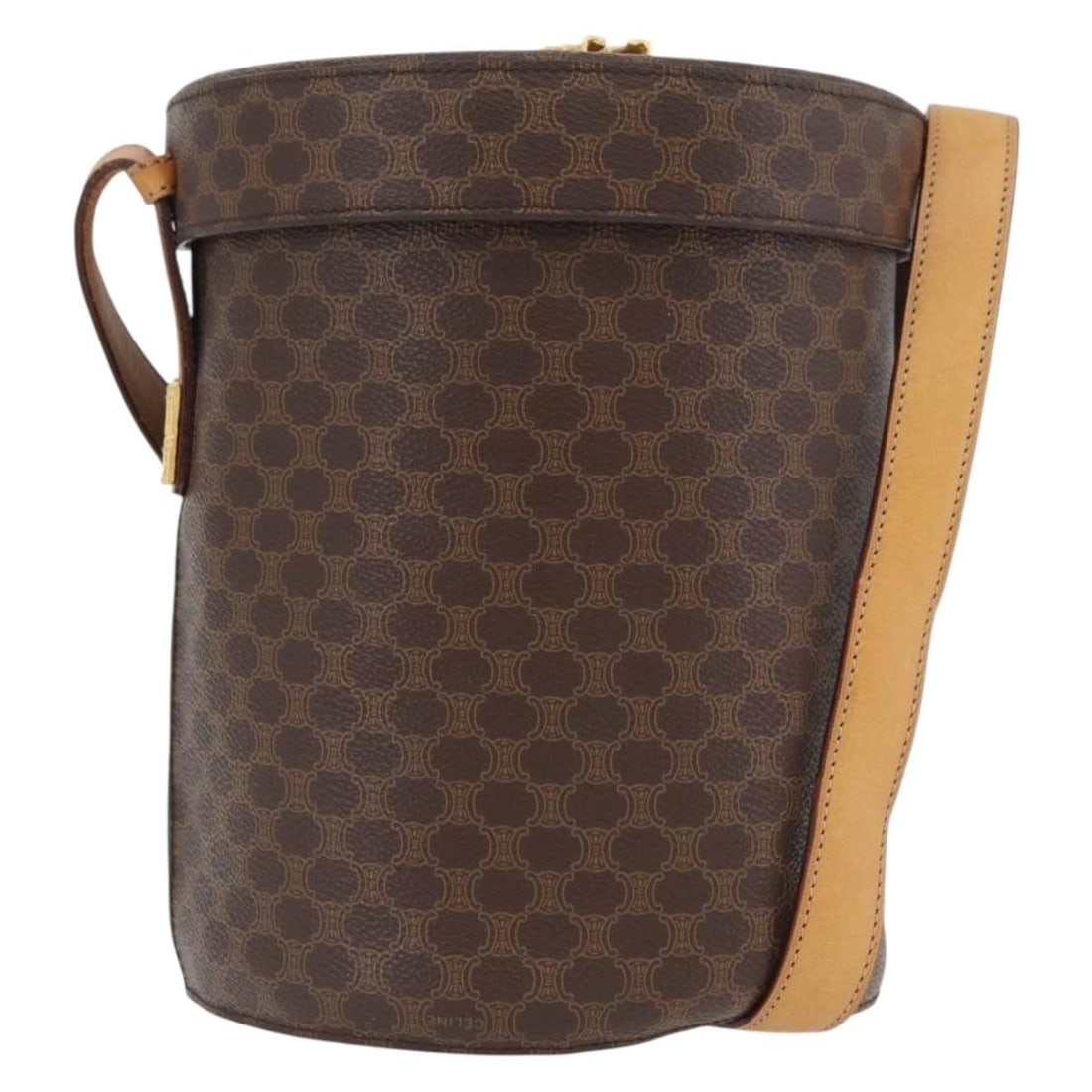 CELINE Macadam Canvas PVC Leather Shoulder Bag with Charm Brown Gold: CELINE Macadam Canvas PVC Leather Shoulder Bag with Charm Brown Gold Celine Macadam canvas shoulder bag in brown with PVC leather trim and gold-tone accents. This women's shoulder bag includes a charm