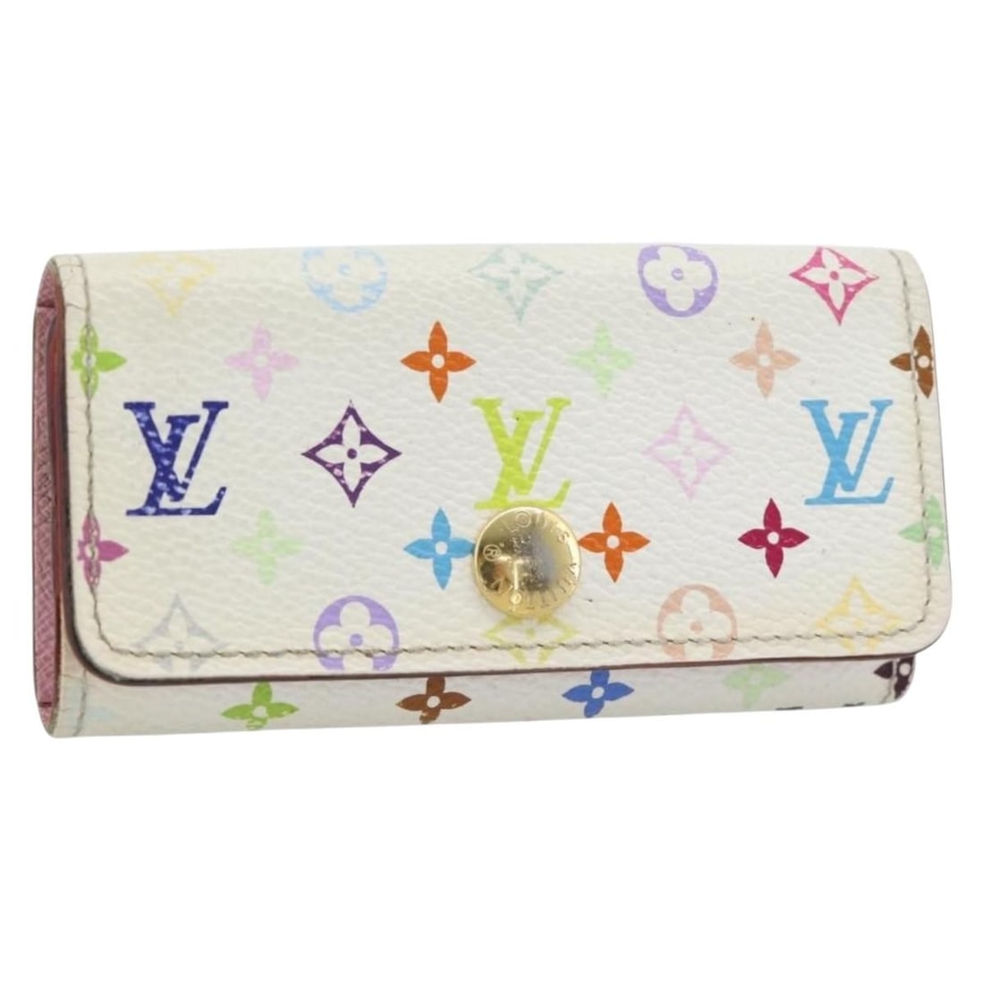 Louis Vuitton M93731 Multicles 4 White Monogram Multicolor Key Case: Louis Vuitton M93731 Multicles 4 White Monogram Multicolor Key Case Louis Vuitton Monogram Multicolor Multicles 4 key case in white canvas. This heavily used piece shows visible wear throughout, inclu