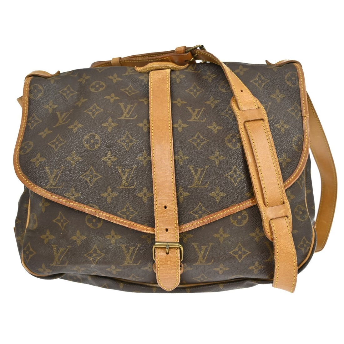 Louis Vuitton Saumur 35 Monogram Crossbody Shoulder Bag M42254: Louis Vuitton Saumur 35 Monogram Crossbody Shoulder Bag M42254 Vintage Louis Vuitton Saumur 35 messenger shoulder bag in brown Monogram canvas with leather trim. This unisex bag features a buckle clos