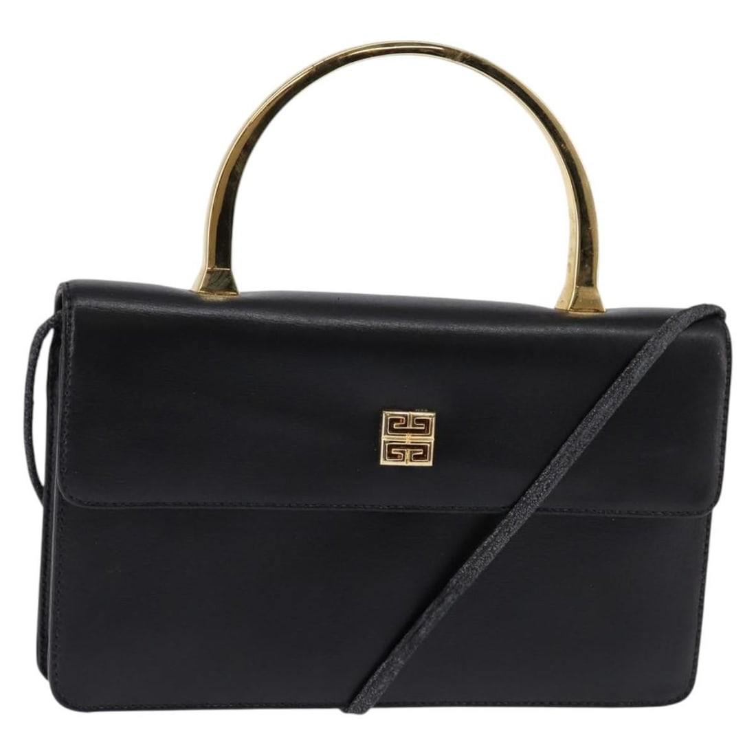 Givenchy 2way Leather Hand Bag Black with Shoulder Strap: Givenchy 2way Leather Hand Bag Black with Shoulder Strap Givenchy 2-way handbag in black leather with gold-tone accents. This women's bag includes a shoulder strap and can be carried by the handles or