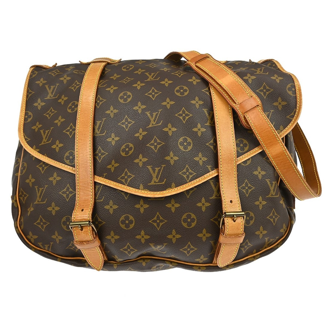 Louis Vuitton Saumur 43 Monogram Canvas Crossbody Messenger M42252: Louis Vuitton Saumur 43 Monogram Canvas Crossbody Messenger M42252 Vintage Louis Vuitton Saumur messenger bag in the Monogram line, featuring a brown monogram canvas and leather exterior, buckle closu