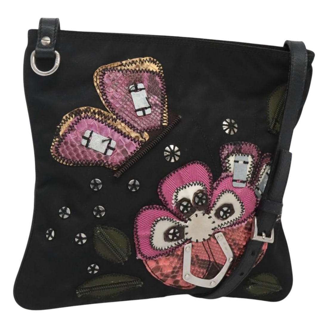 Prada Black Nylon Butterfly Motif Shoulder Bag Silver Hardware for Women: Prada Black Nylon Butterfly Motif Shoulder Bag Silver Hardware for Women This PRADA Butterfly shoulder bag features a black nylon exterior with silver-tone accents. Designed for women, it offers a pra