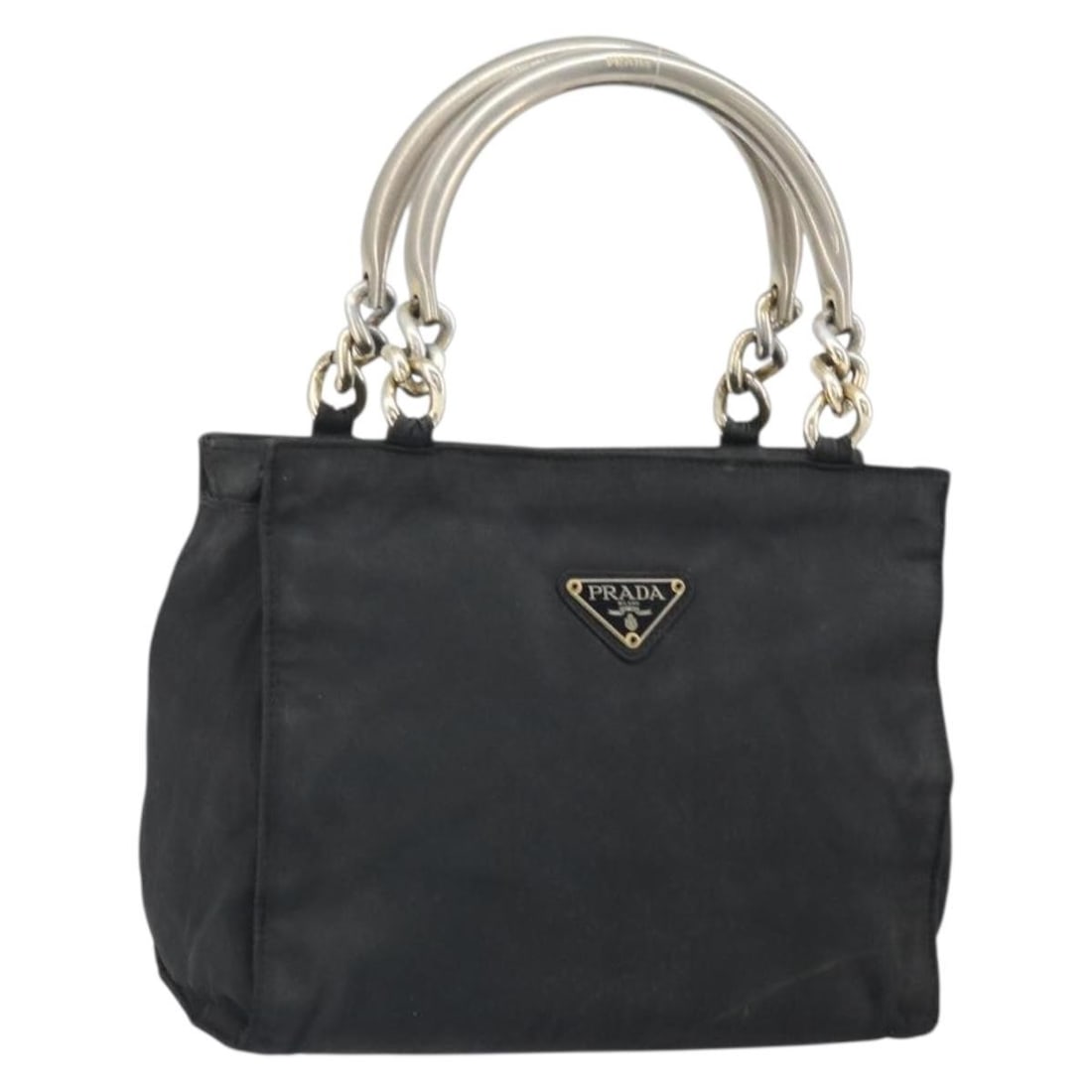 Prada Black Nylon Women's Handbag with Silver Accents Made in Italy: Prada Black Nylon Women's Handbag with Silver Accents Made in Italy This PRADA handbag is crafted from black nylon with silver-tone accents. Designed for women, it features a top handle and a compact 