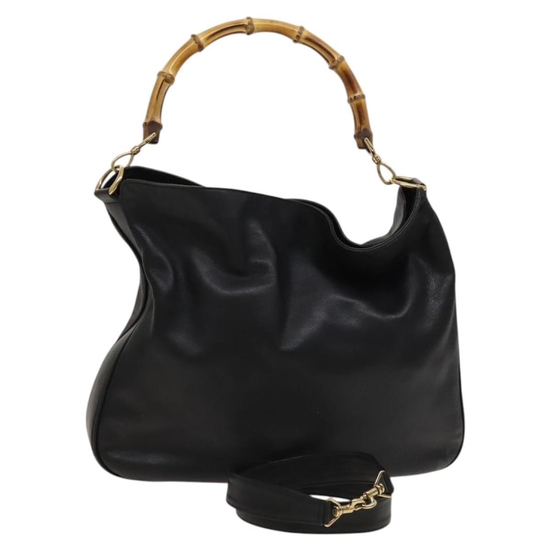 Gucci Bamboo Leather Black Gold 2way Handbag with Shoulder Strap 001 1781 1577: Gucci Bamboo Leather Black Gold 2way Handbag with Shoulder Strap 001 1781 1577 This GUCCI Bamboo handbag is crafted from black leather with gold-tone accents and features both top handles and a detach