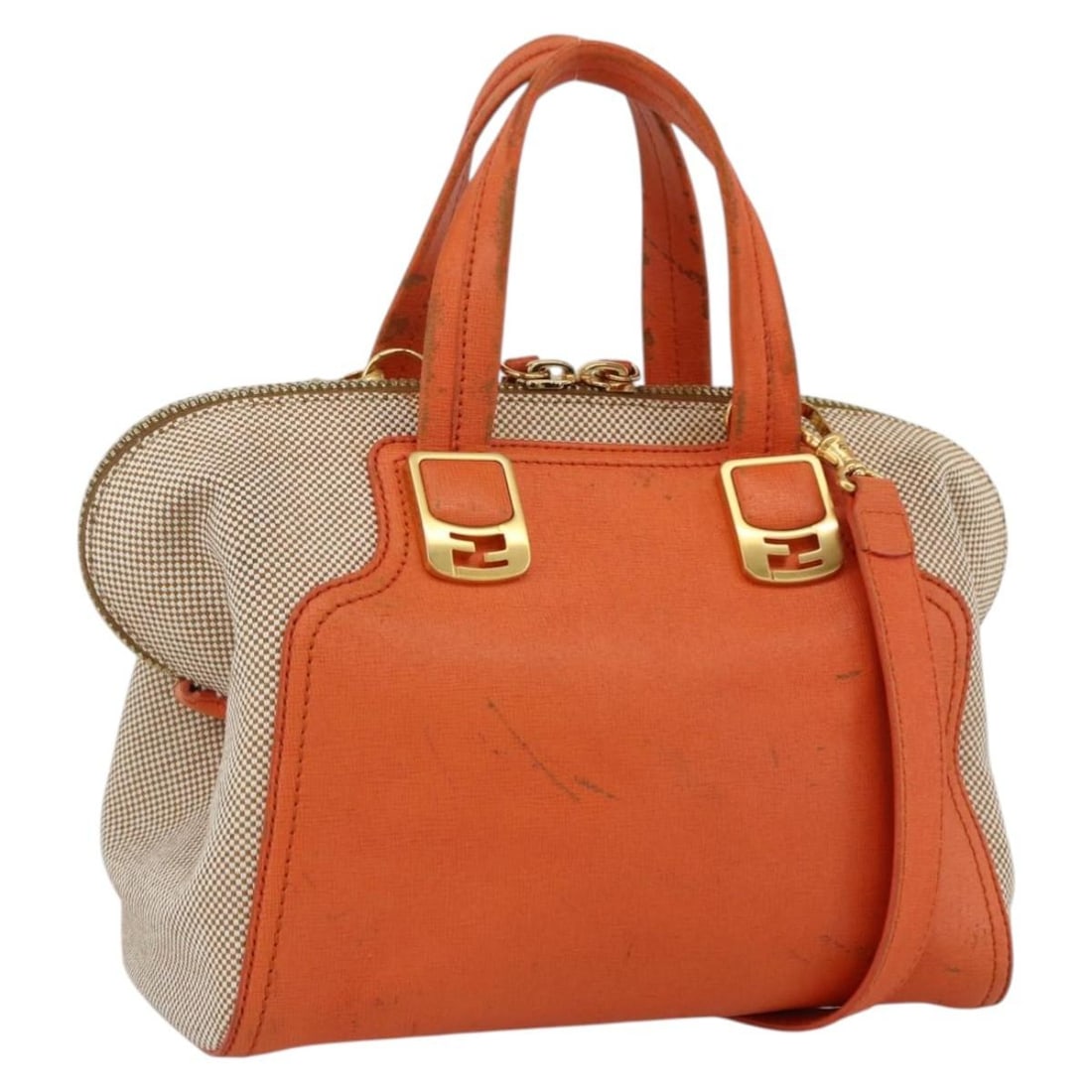FENDI Chameleon Orange Gold Canvas Leather Shoulder Bag 2way Auth 172513: FENDI Chameleon Orange Gold Canvas Leather Shoulder Bag 2way Auth 172513 This FENDI Chameleon Hand Bag offers versatile use with its 2-way design, crafted from orange and gold canvas with leather acce