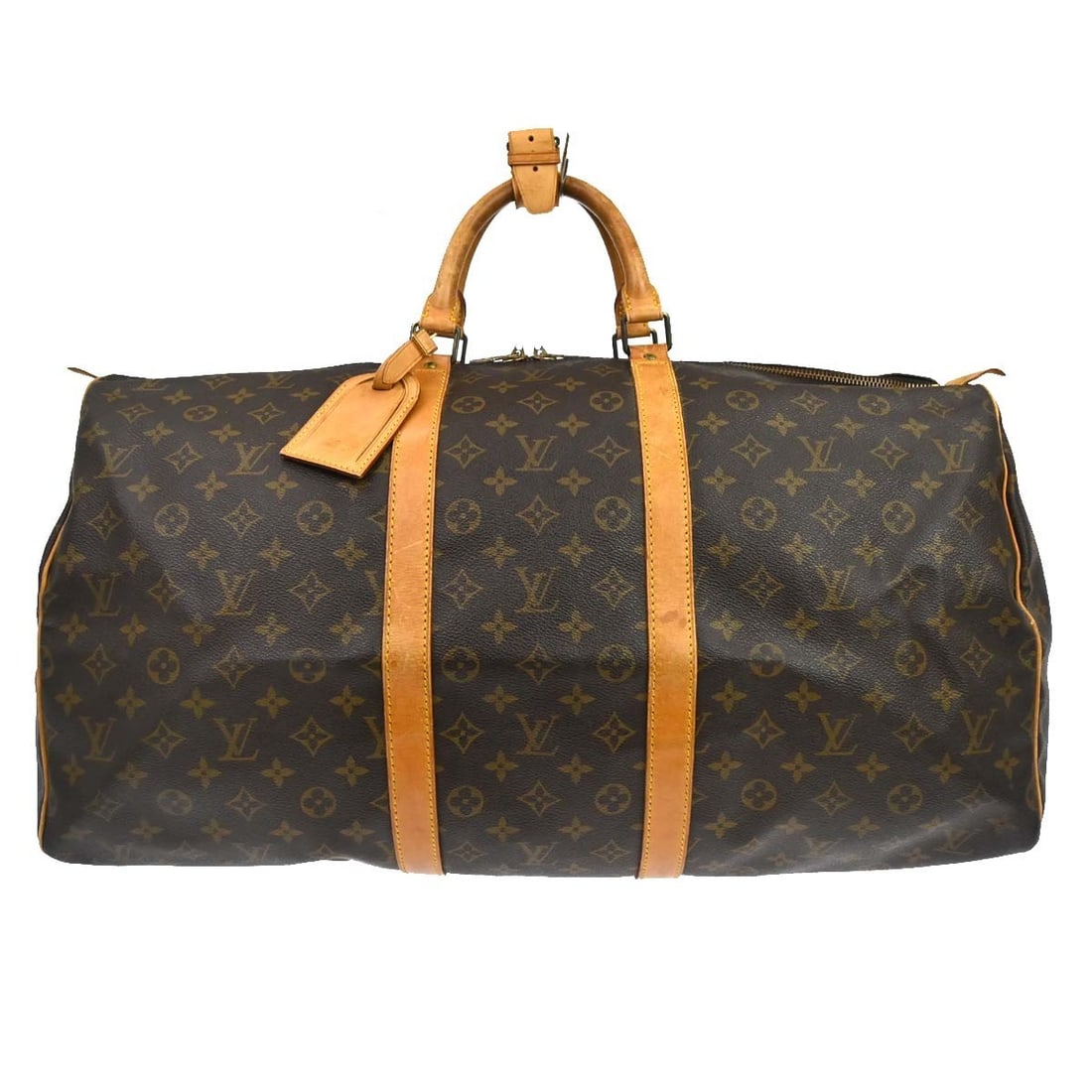 Vintage Louis Vuitton Keepall 55 Monogram Travel Duffle Bag M41424: Vintage Louis Vuitton Keepall 55 Monogram Travel Duffle Bag M41424 Vintage Louis Vuitton Keepall 55 travel handbag in brown Monogram canvas with leather trim and double handles. This extra-large duffl