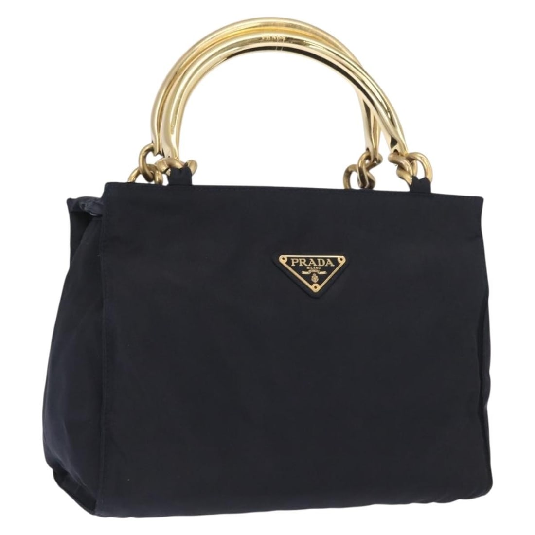 Navy Nylon Prada Tote with Gold Accents Made in Italy: Navy Nylon Prada Tote with Gold Accents Made in Italy This is a PRADA handbag crafted from navy nylon with gold-tone accents. Made in Italy, the bag features a structured design with dual handles and 